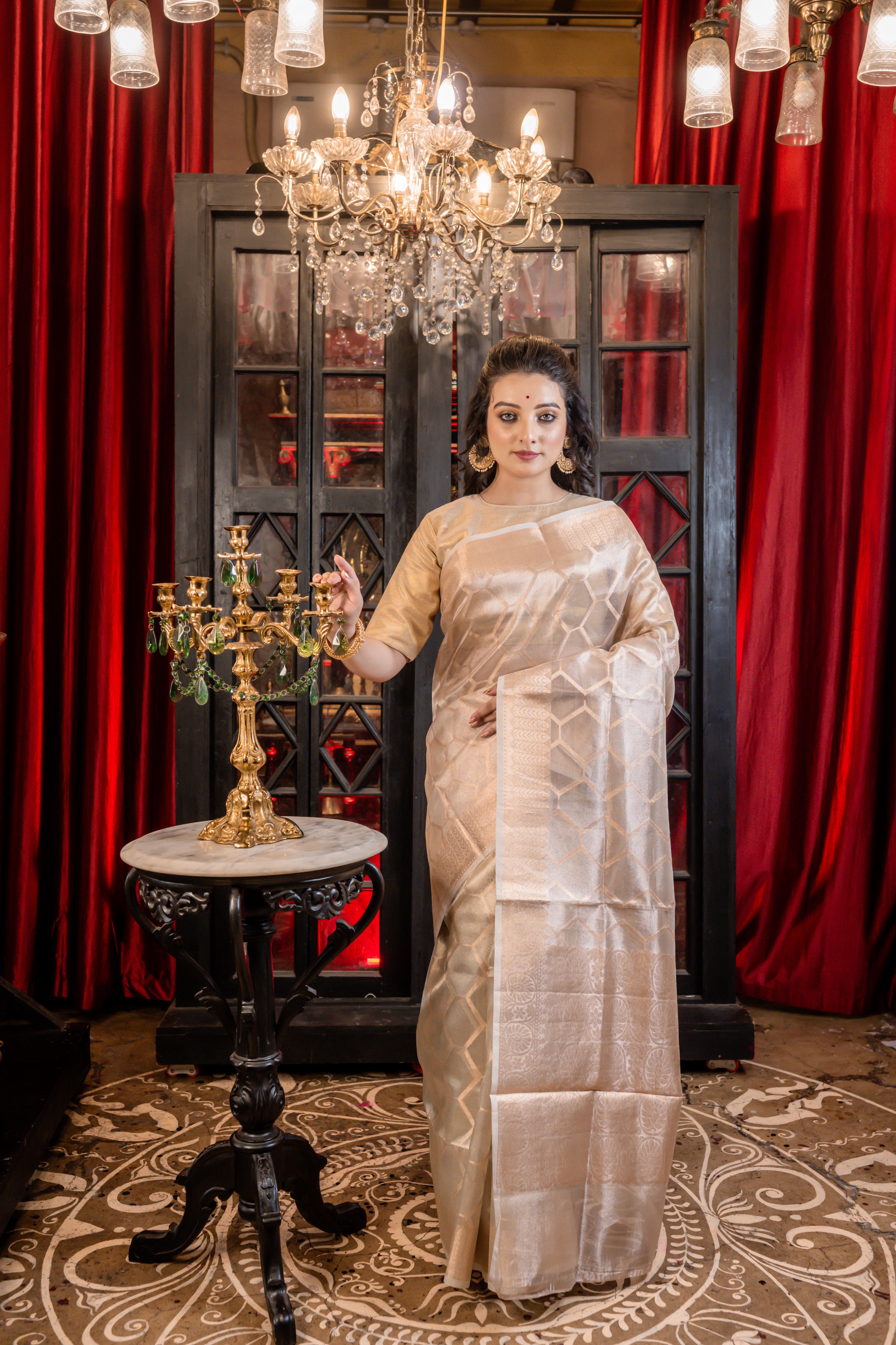 Amara || Light Golden Tissue Silk Banarasi Saree with all over Woven Honeycomb in Golden Zari