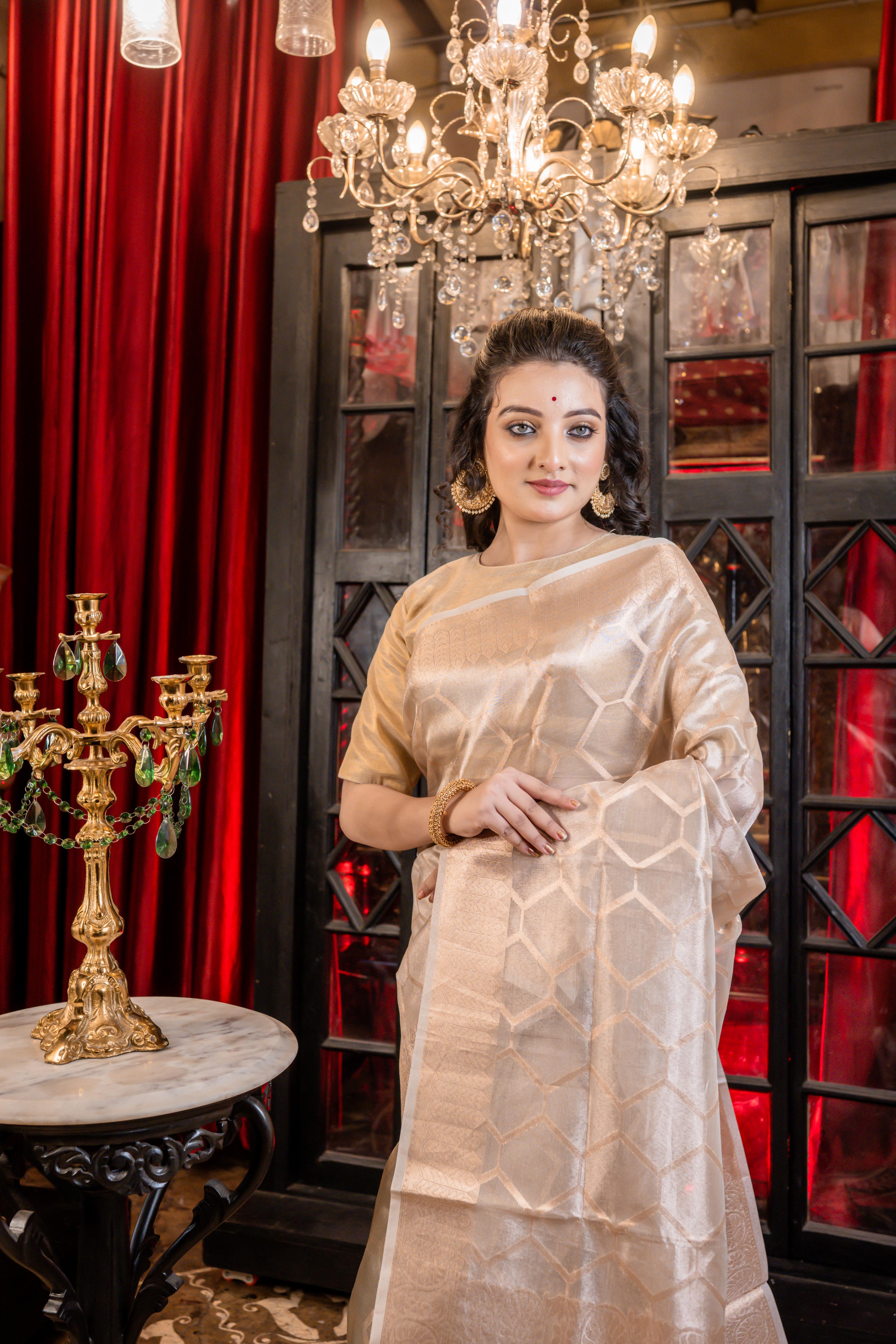 Amara || Light Golden Tissue Silk Banarasi Saree with all over Woven Honeycomb in Golden Zari