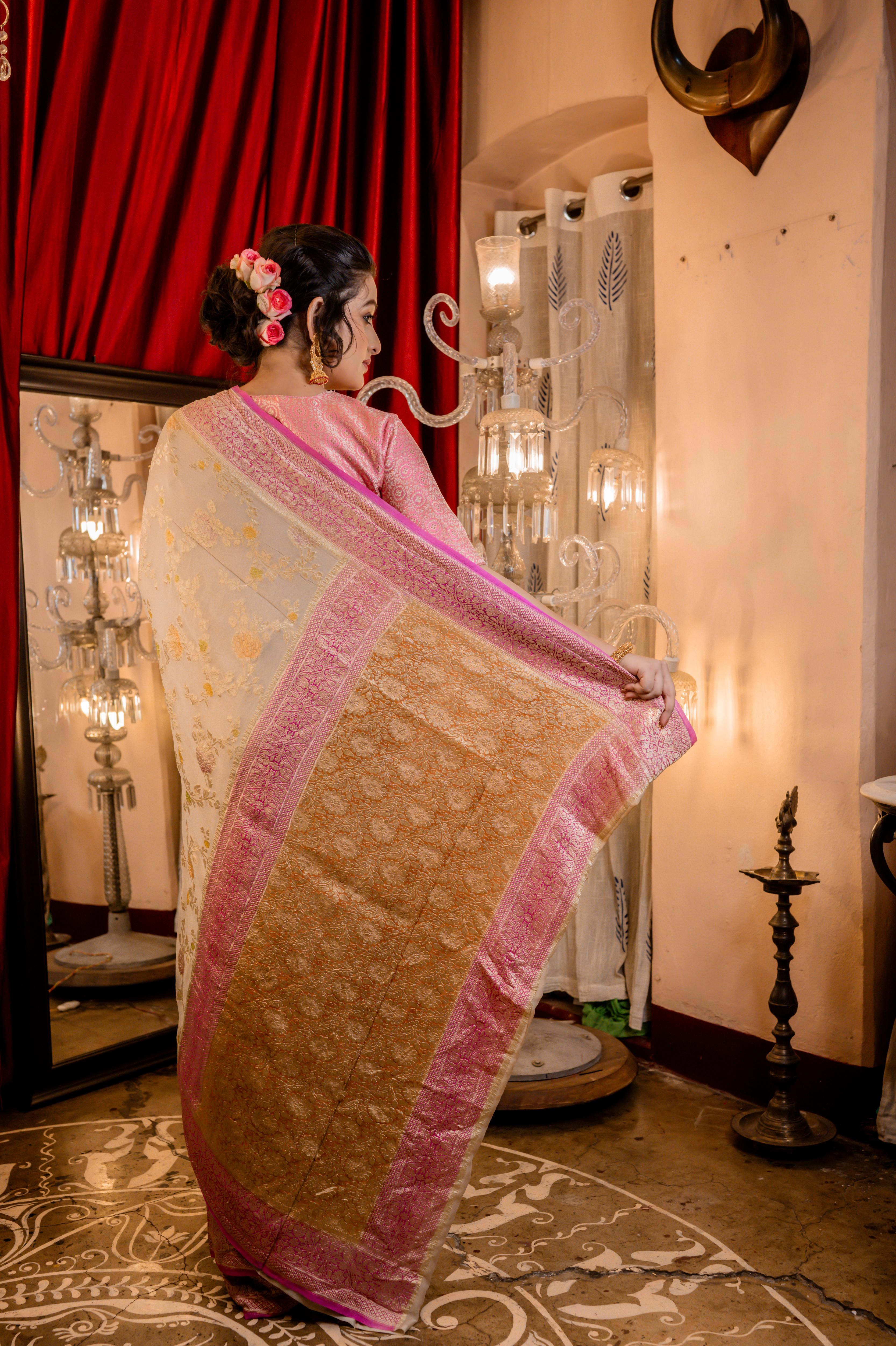 Barkha || Oyster Grey Khaddi Georgette Banarasi Saree with all over Rifling Handbrush Multi-colour & Matte Gold Zari Floral motif Jangla and Lilac Pink border