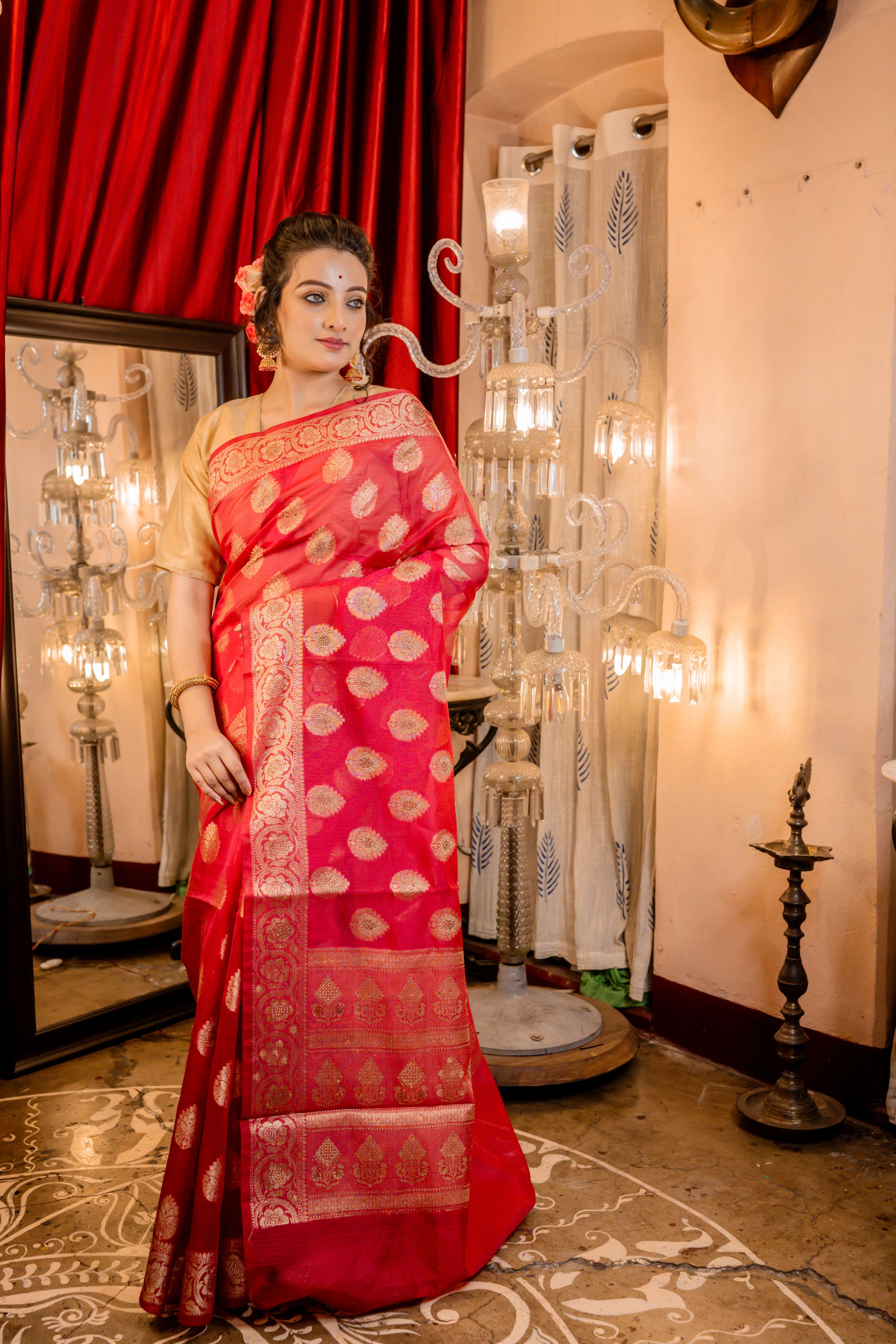 Ruby || Red Soft Silk Banarasi Saree with all over Matte Gold Zari Floral Buta, Brocade Pallu and Gold Rhinestone bead highlights