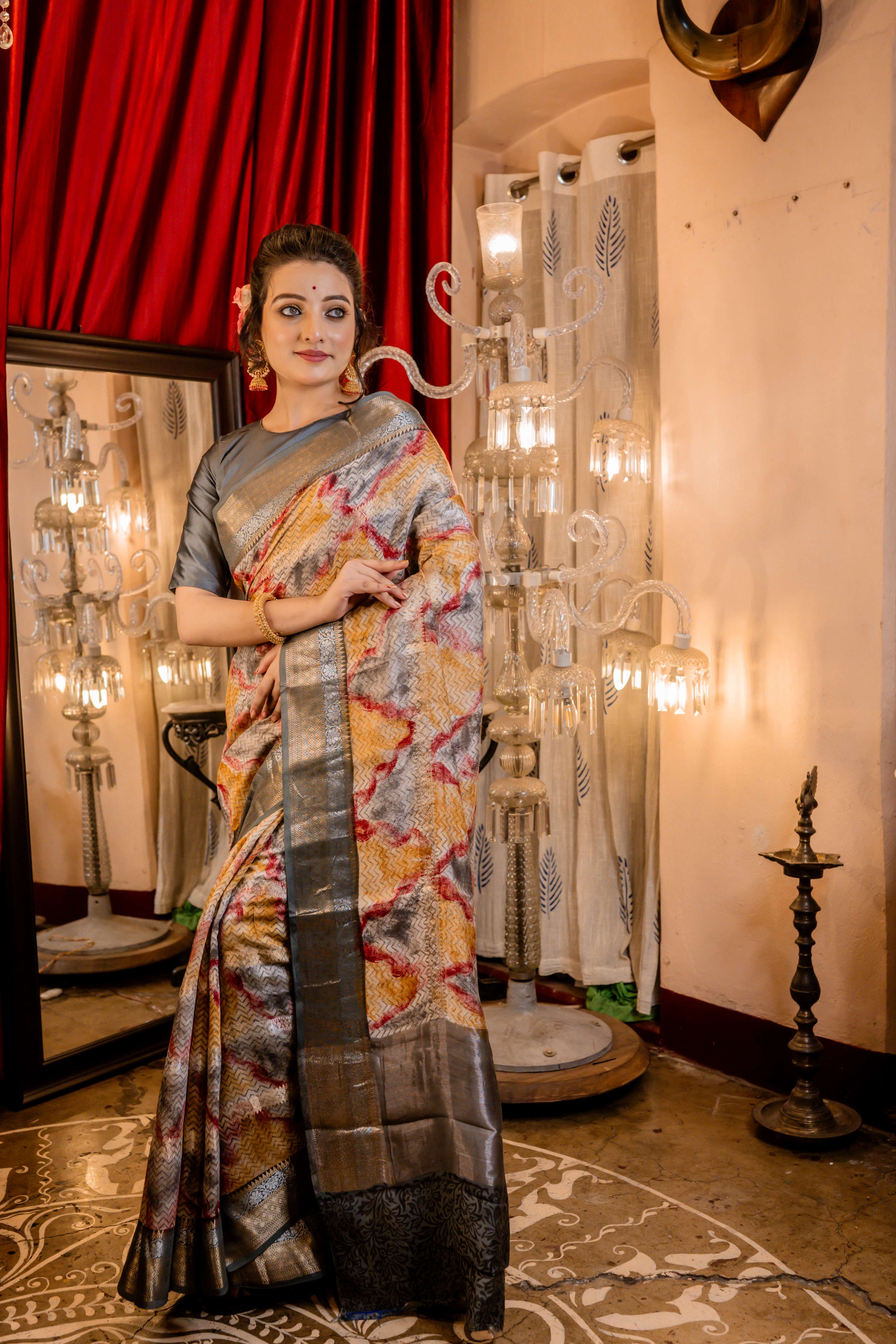 Ashlesha || Multi-colour Chanderi blend Banarasi Saree with all over Colourwash Digital Print and Sona Rupa border