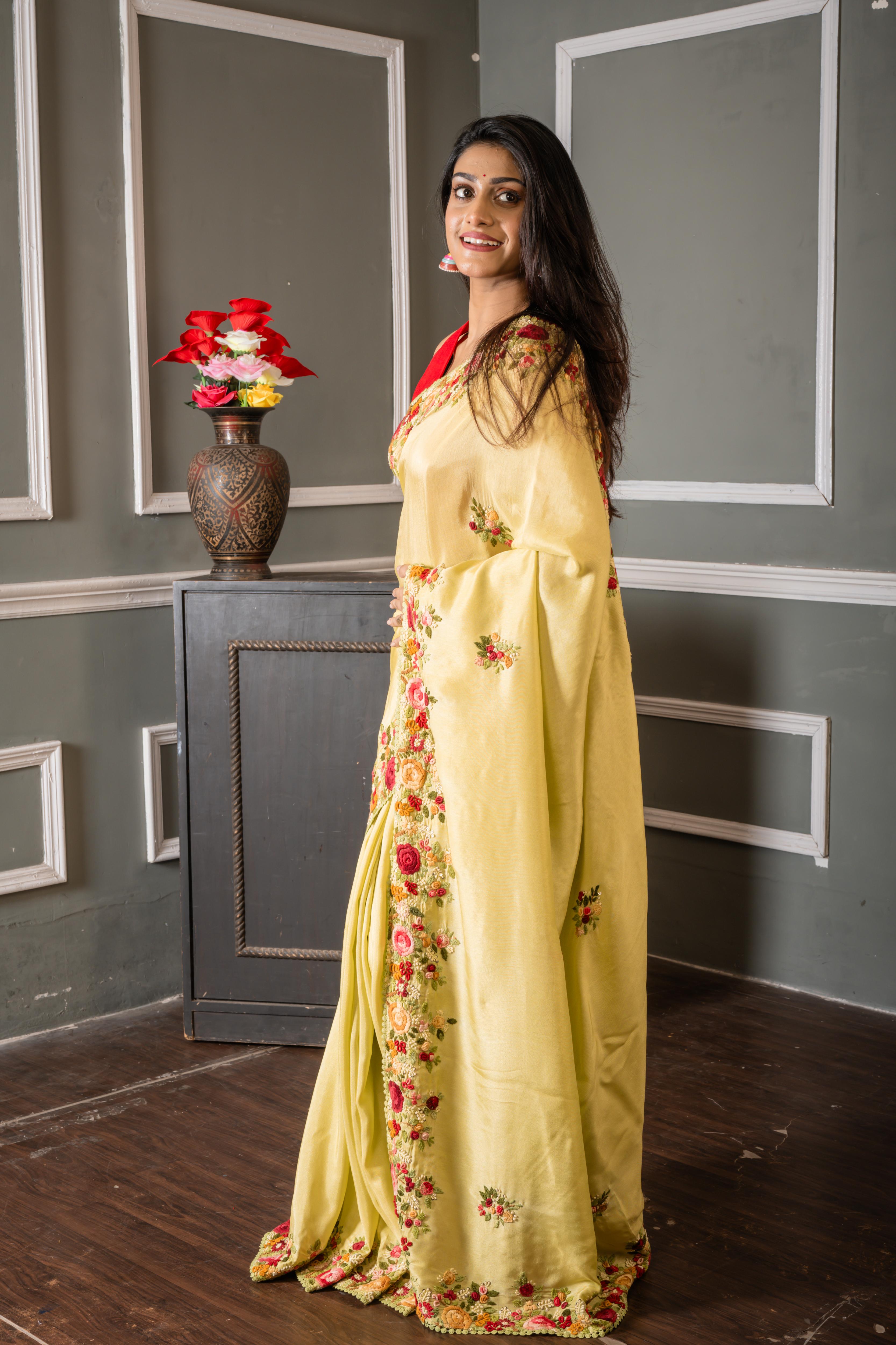 Shriya || Pista Green Russian Silk Hand Embroidery Saree with all over Multi-colour Resham Boolean Parsi Floral motif and Sequins Highlights