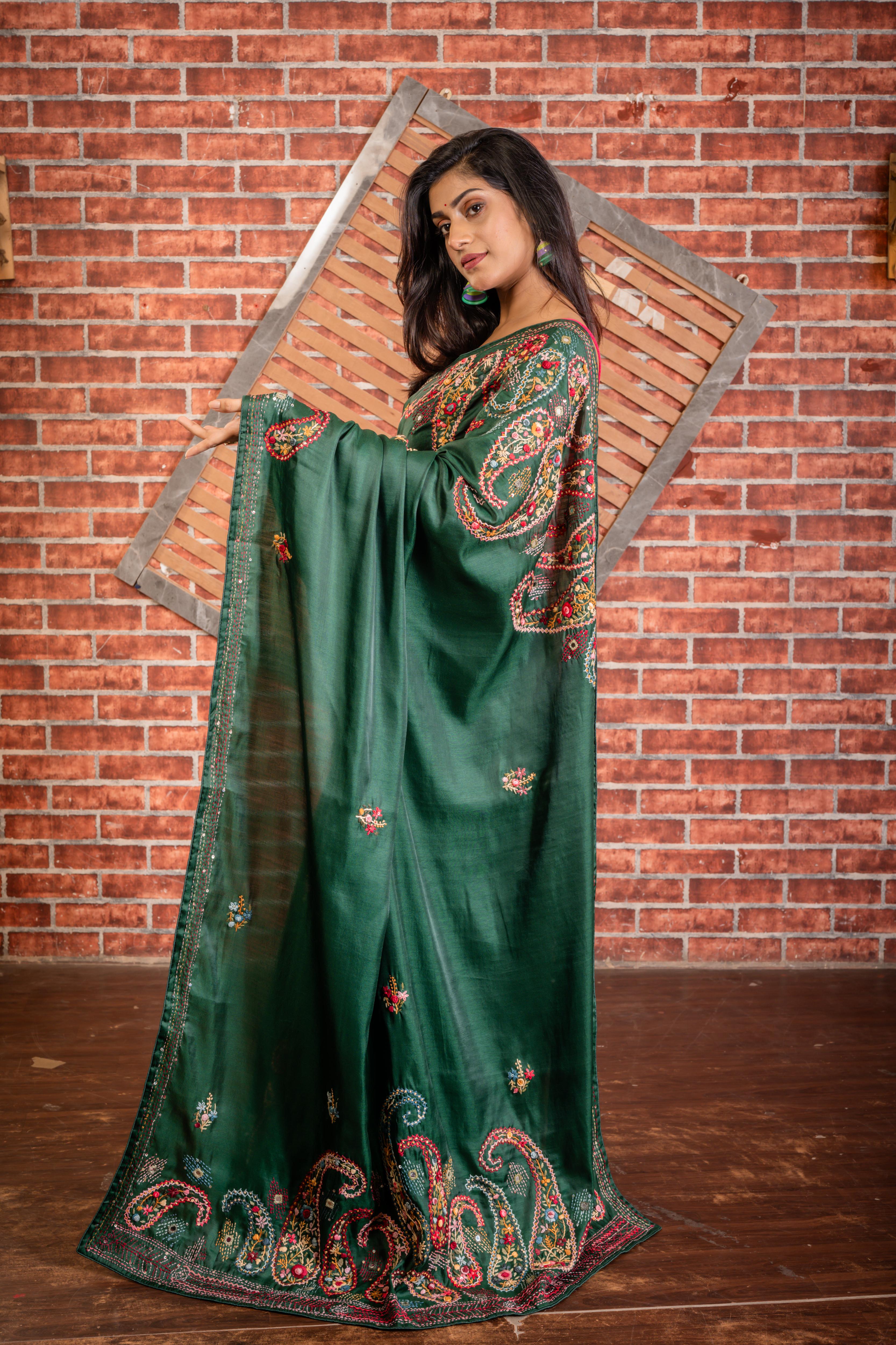 Vrinda || Bottle Green Soft Tussar Silk Hand Embroidery Saree with all over Multi-colour Resham Boolean Floral motif and Sequins & Mirror Highlights