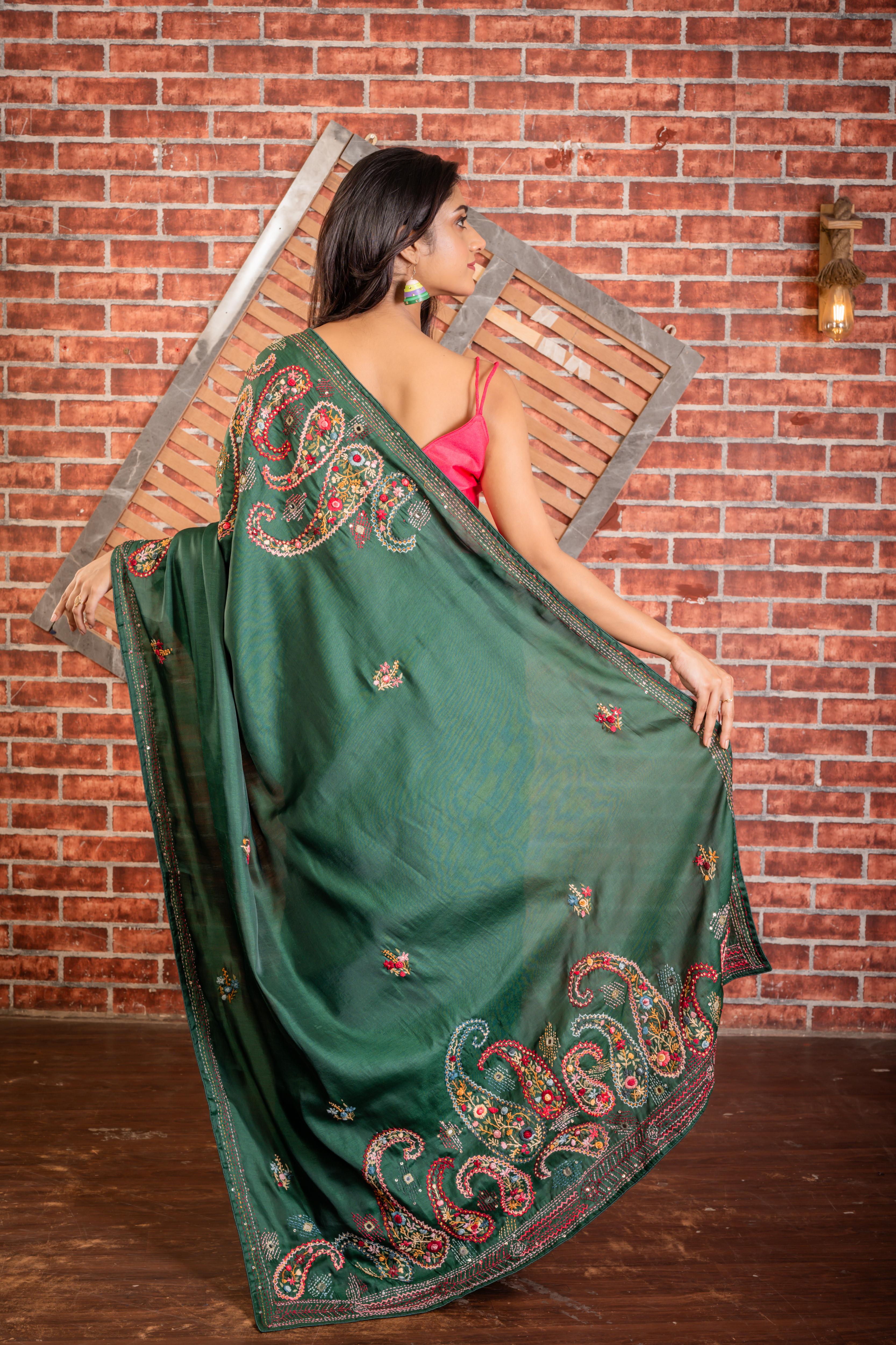 Vrinda || Bottle Green Soft Tussar Silk Hand Embroidery Saree with all over Multi-colour Resham Boolean Floral motif and Sequins & Mirror Highlights