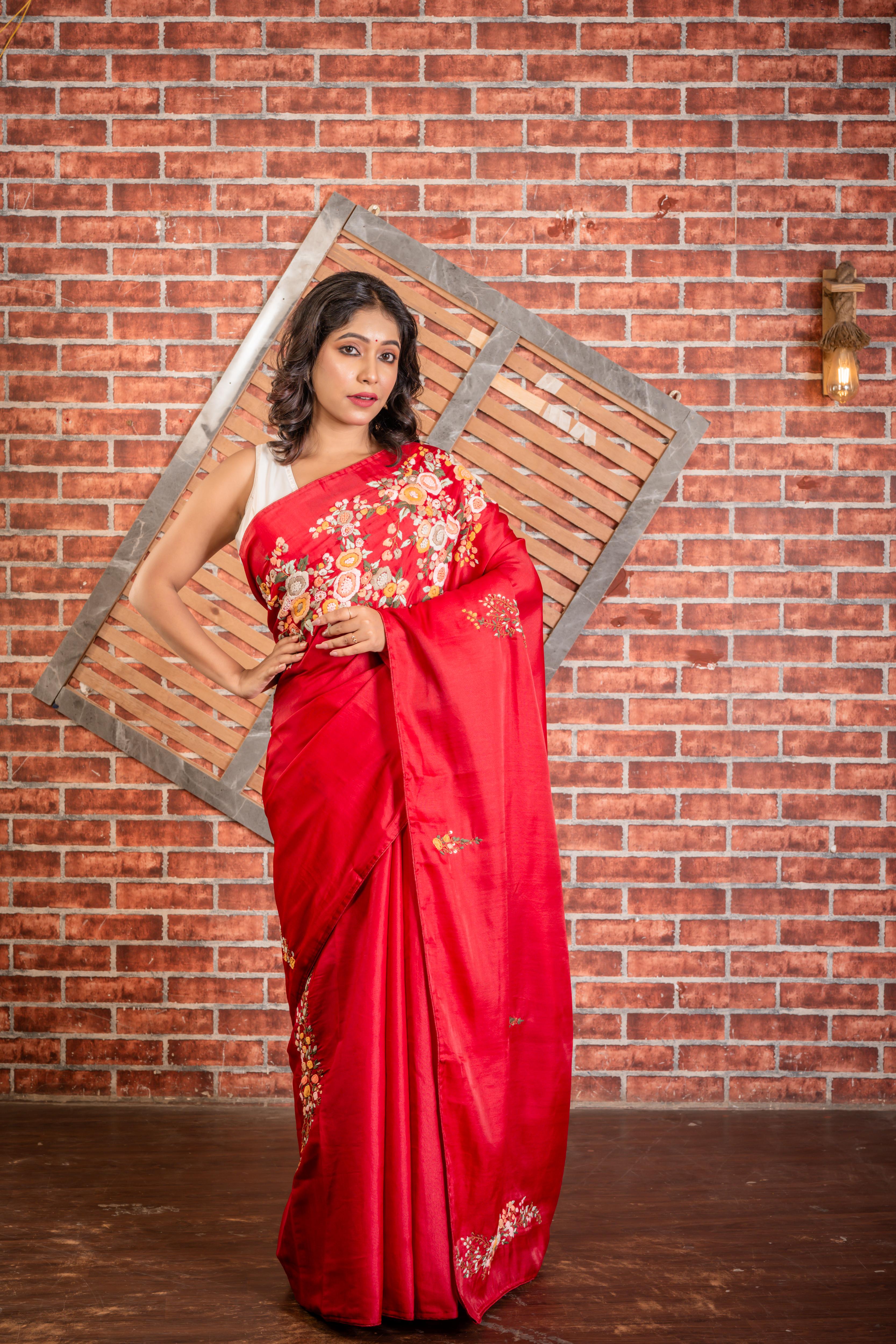 Aisha || Crimson Red Soft Tussar Silk Hand Embroidery Saree with all over  Multi-colour Resham Boolean Floral motif & Sequins Highlights