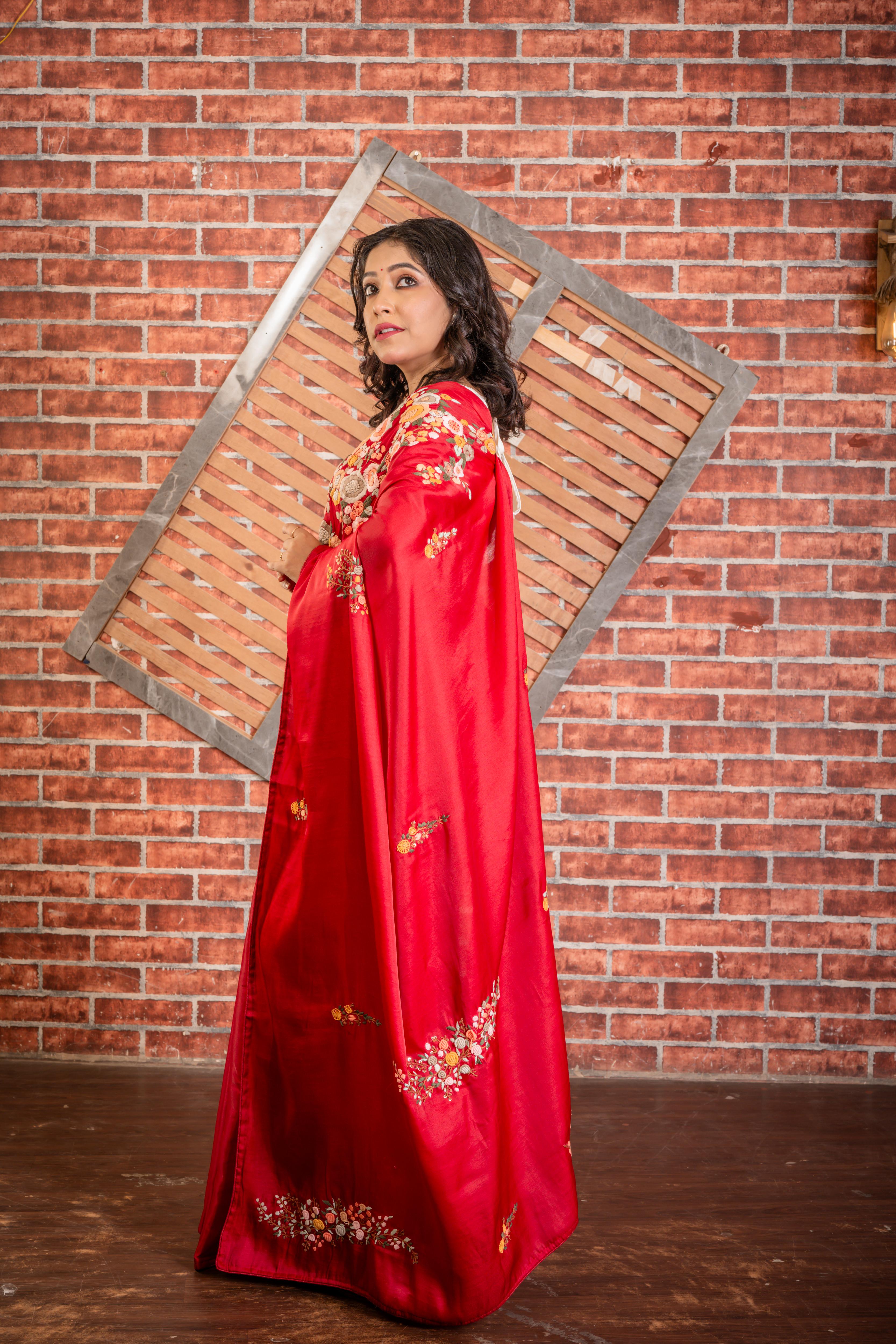 Aisha || Crimson Red Soft Tussar Silk Hand Embroidery Saree with all over  Multi-colour Resham Boolean Floral motif & Sequins Highlights