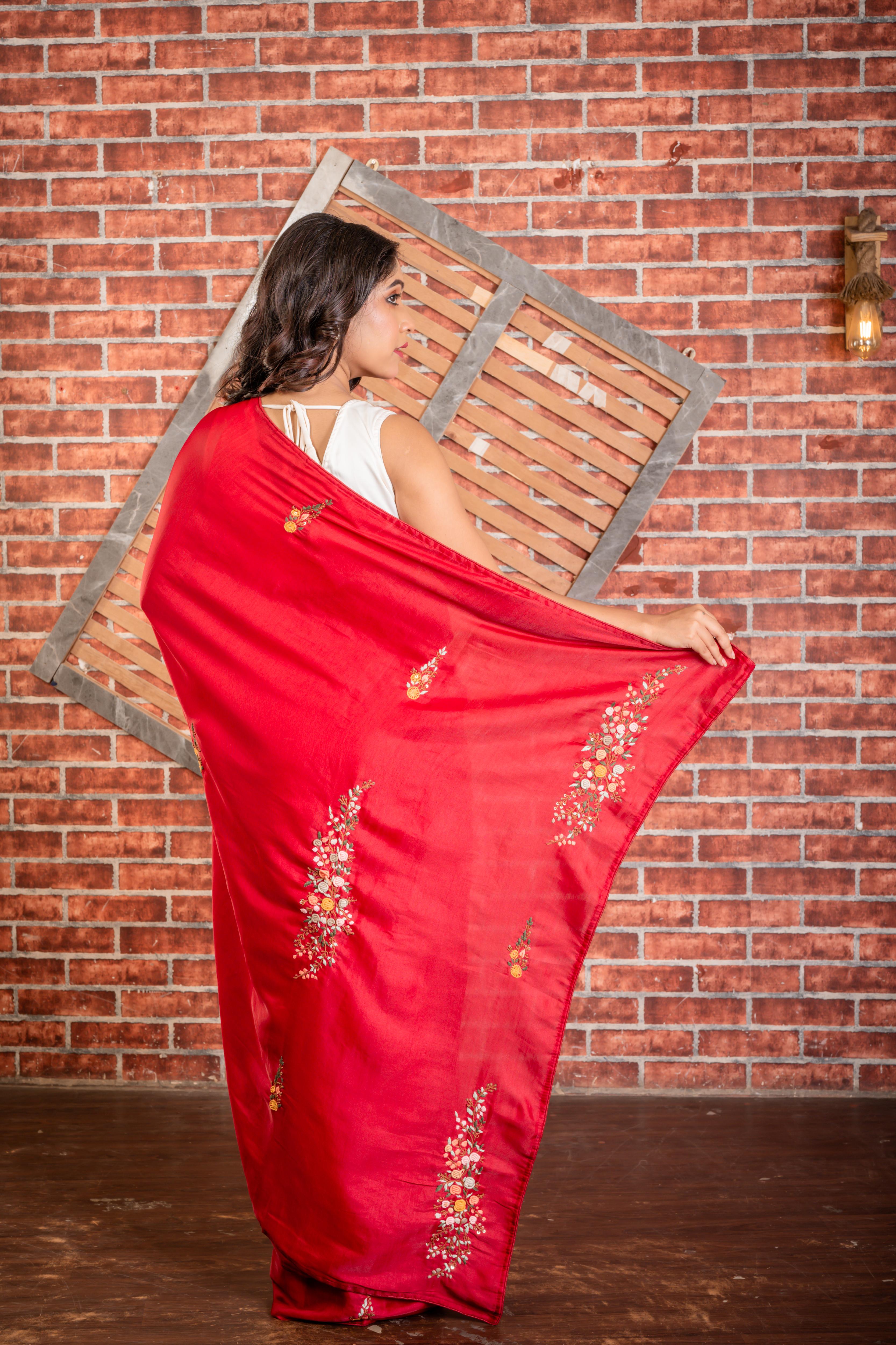 Aisha || Crimson Red Soft Tussar Silk Hand Embroidery Saree with all over  Multi-colour Resham Boolean Floral motif & Sequins Highlights