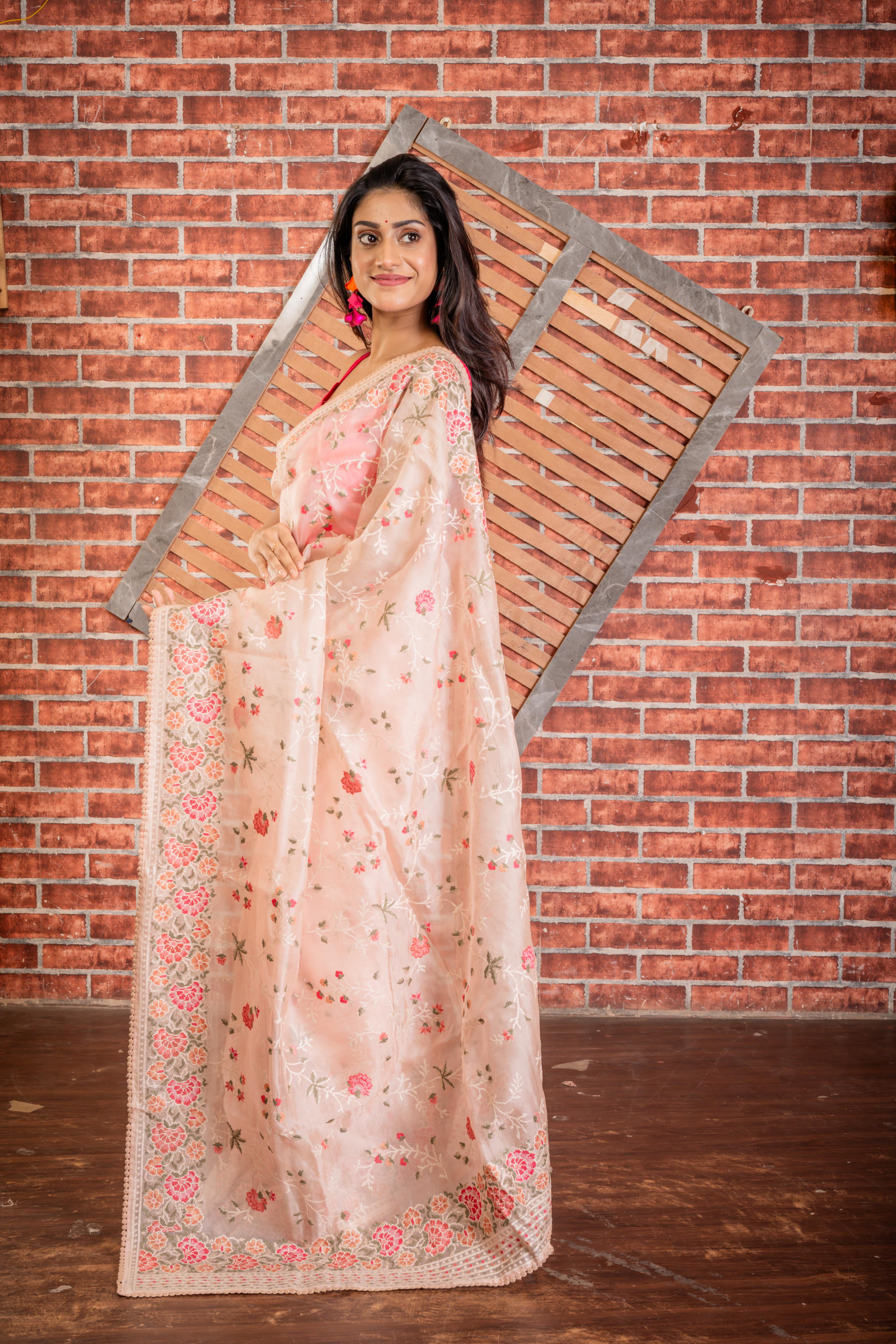 Anumeha || Pale Pink Pure Organza Hand Embroidery Saree with all over Multi-colour Resham Cross Stitch Floral motif & Silver Zari highlights