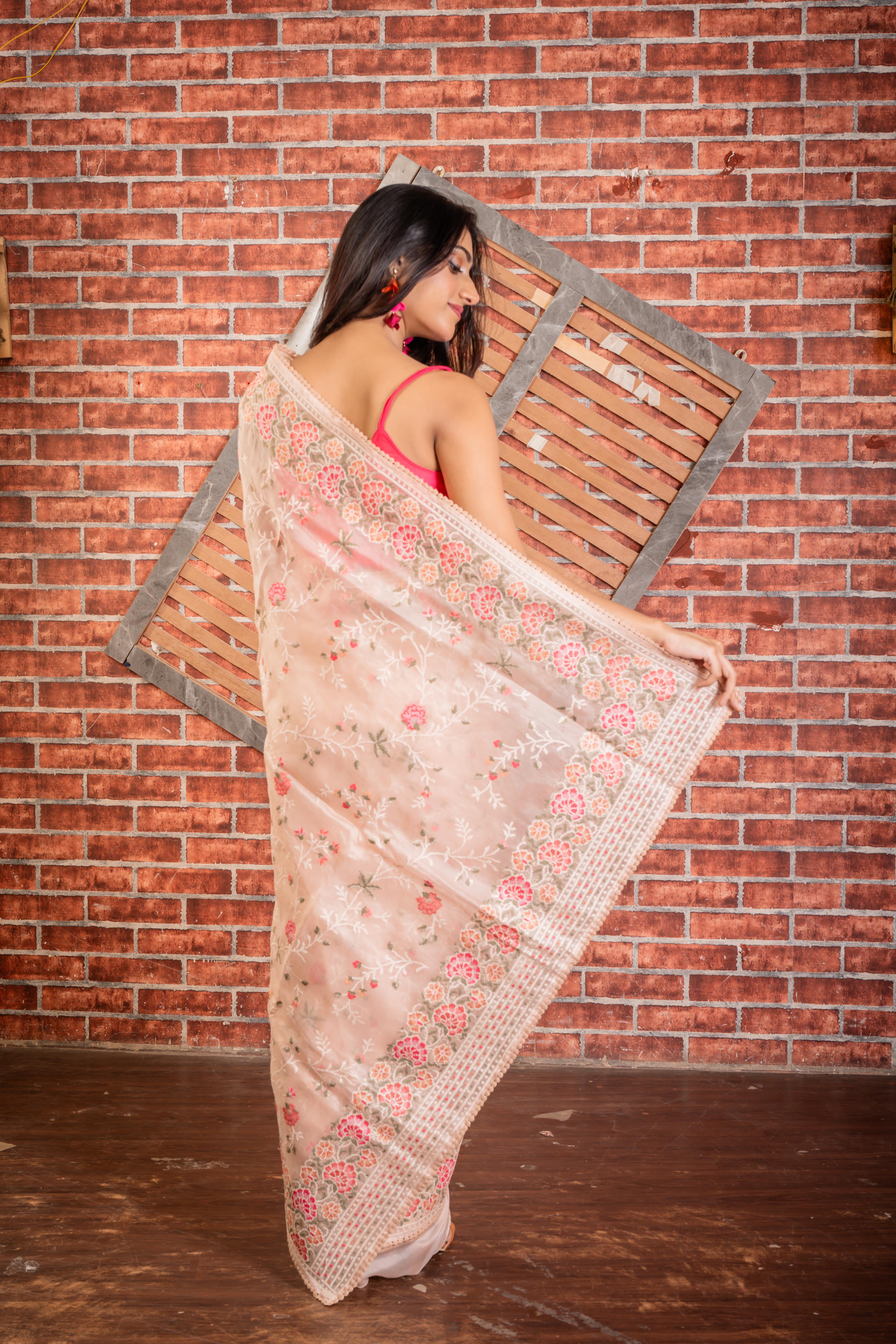 Anumeha || Pale Pink Pure Organza Hand Embroidery Saree with all over Multi-colour Resham Cross Stitch Floral motif & Silver Zari highlights