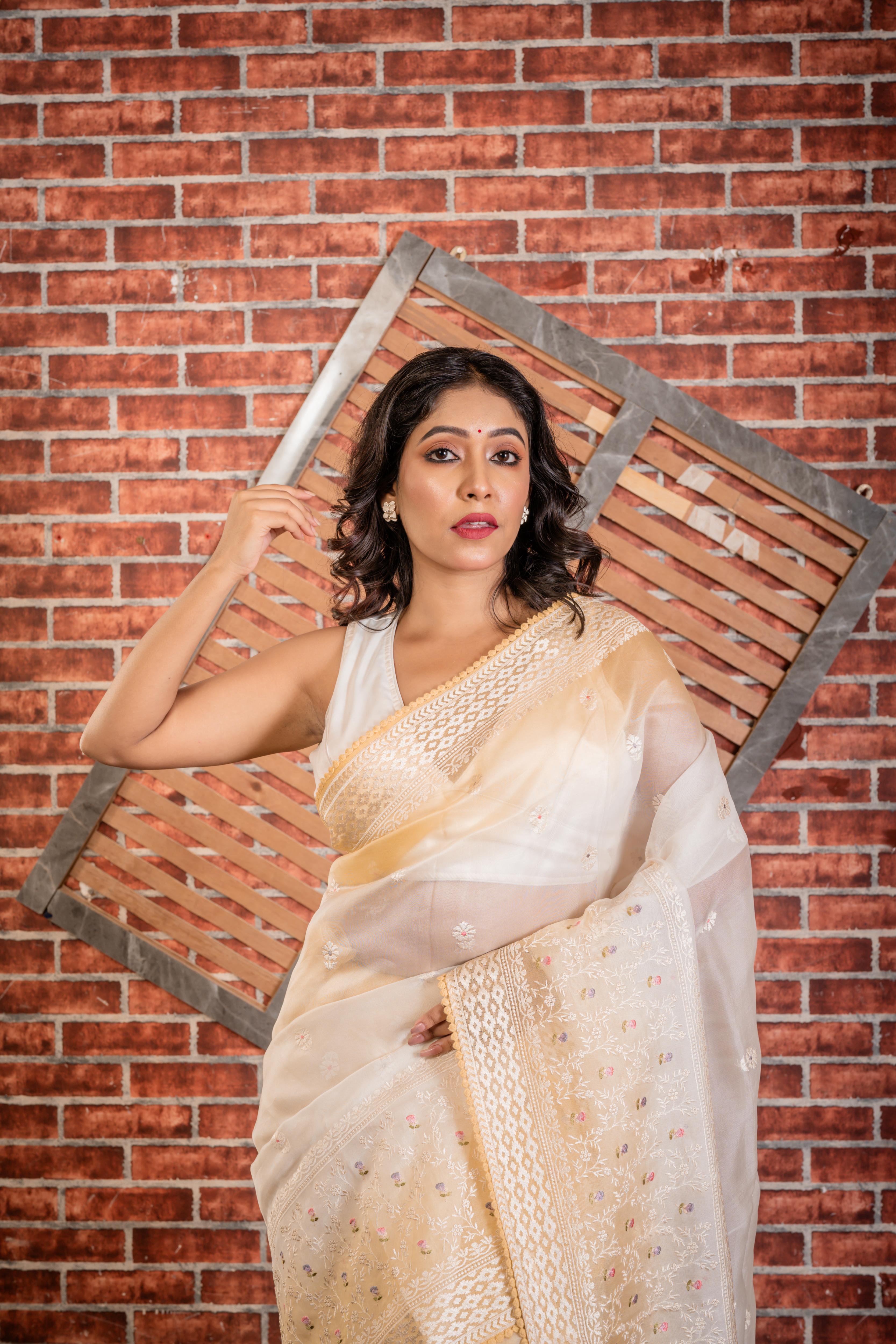 Vatika || Off-White & Lemon Yellow Pure Organza Saree with all over Multi-colour Resham Floral Buti