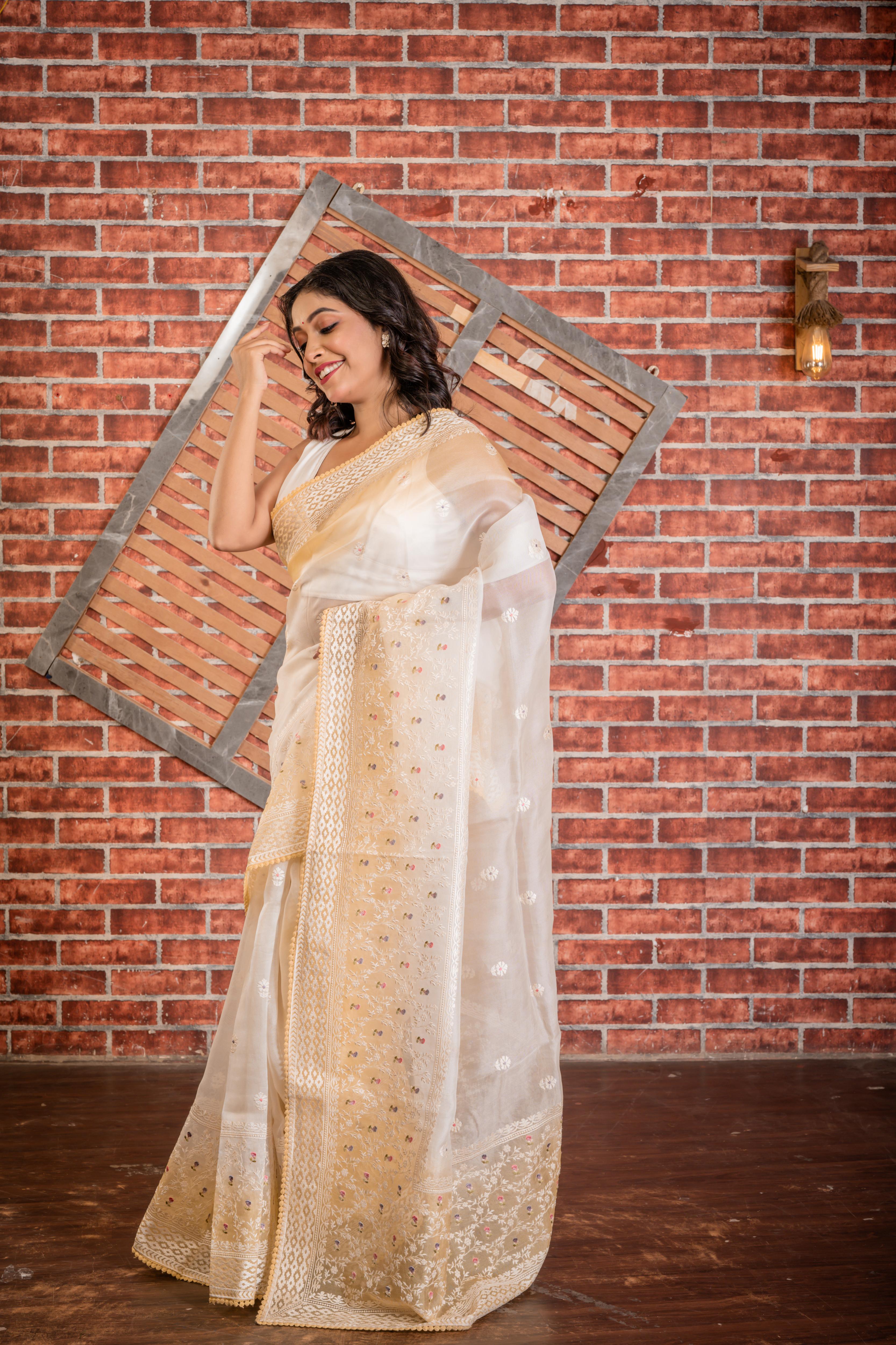 Vatika || Off-White & Lemon Yellow Pure Organza Saree with all over Multi-colour Resham Floral Buti