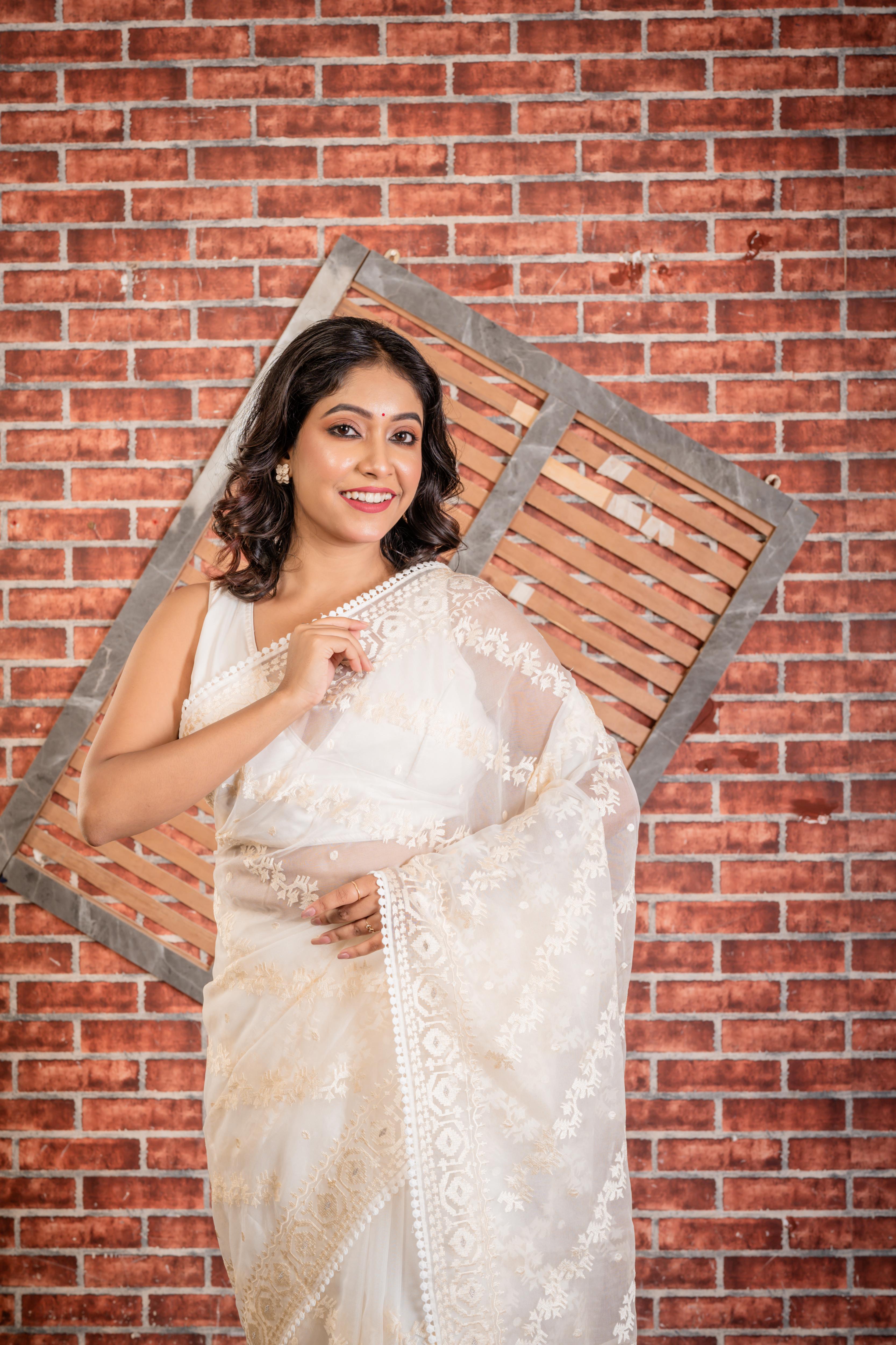 Chandrika || Ivory Soft Organza Saree with all over Pearl White Resham Buti and Karat Jamdani Embroidery