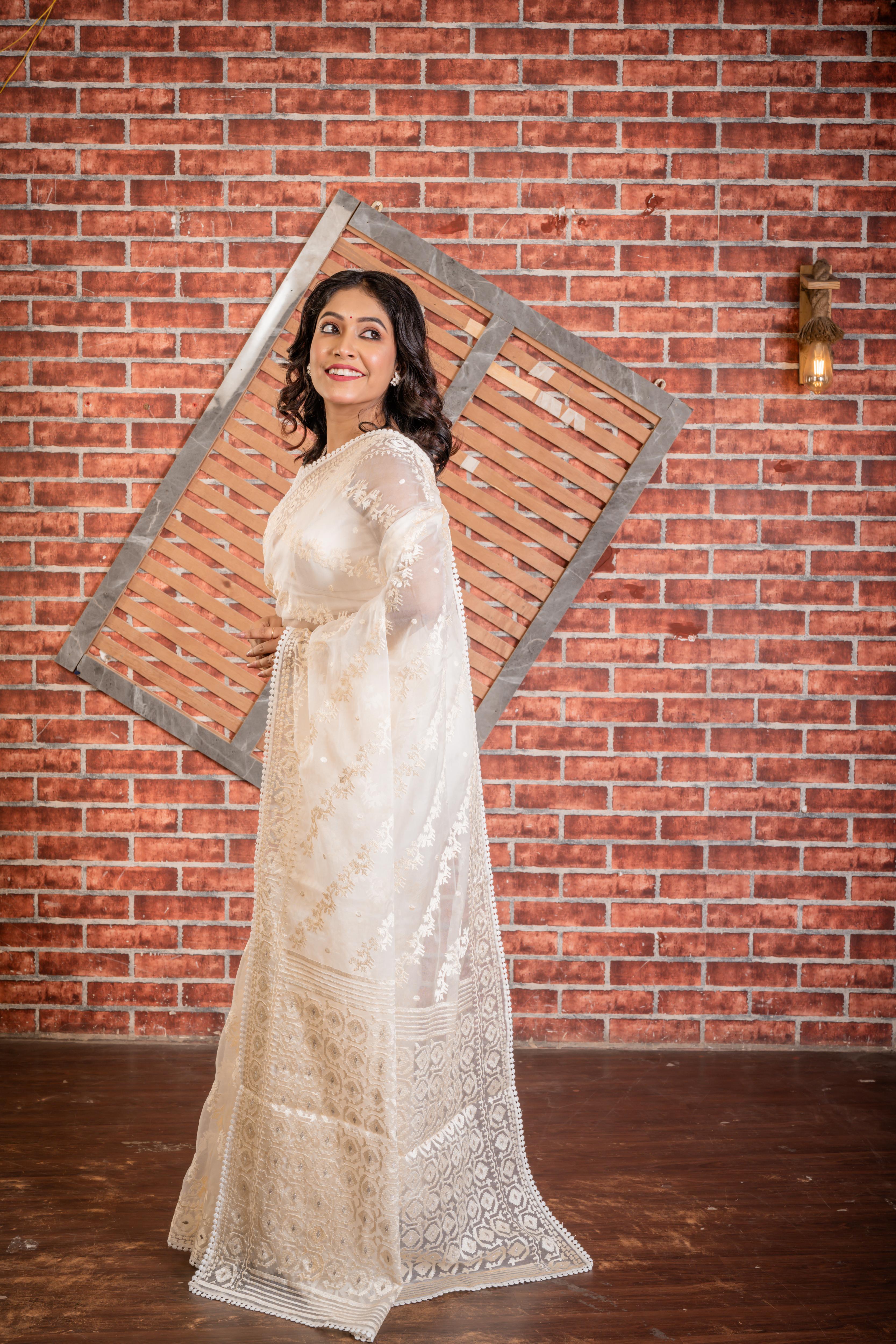 Chandrika || Ivory Soft Organza Saree with all over Pearl White Resham Buti and Karat Jamdani Embroidery