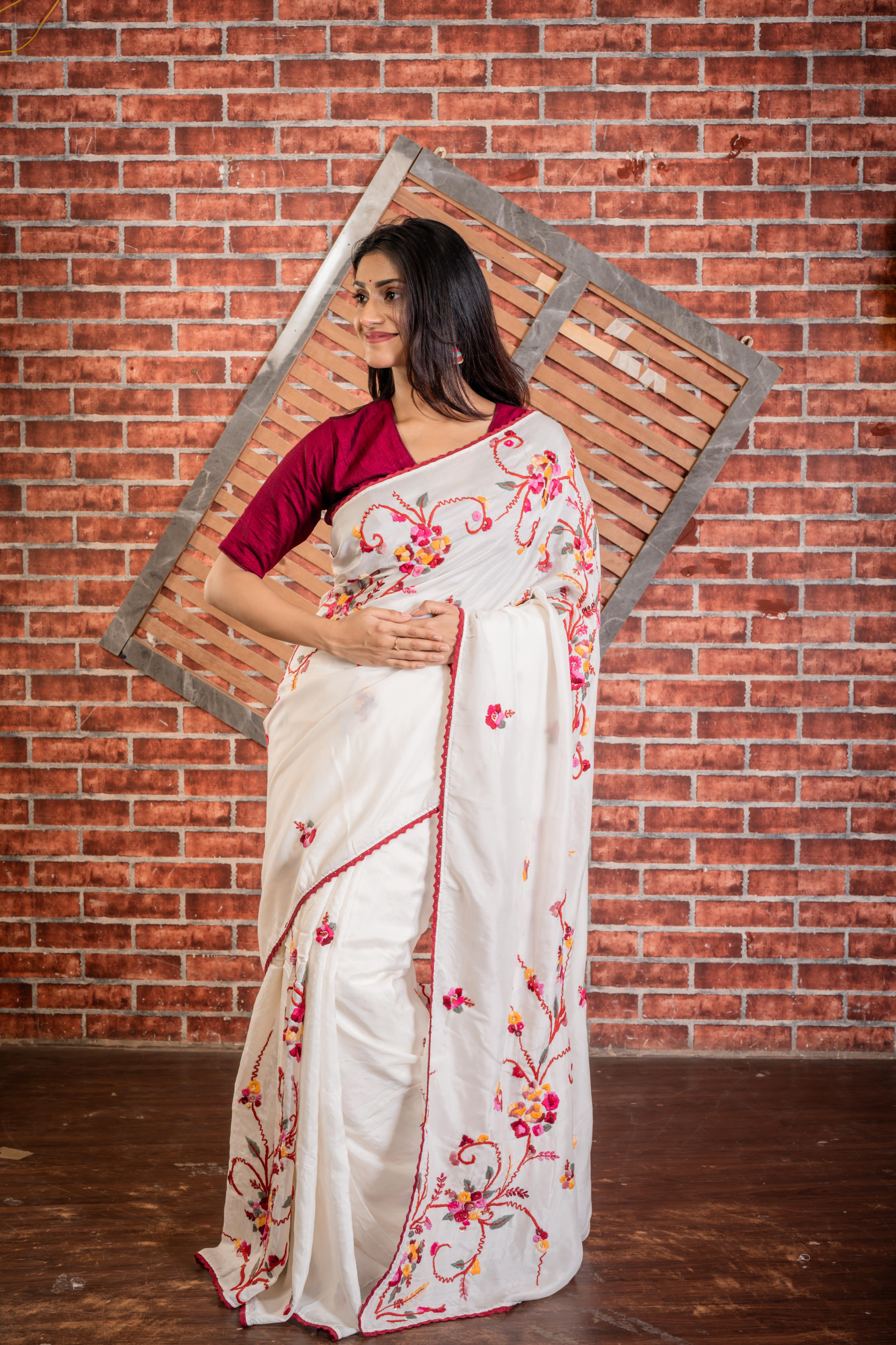 Jasmine || White Russian Silk Hand Embroidery Saree with all over Multi-colour Resham Boolean Parsi Floral motif and Sequins Highlights