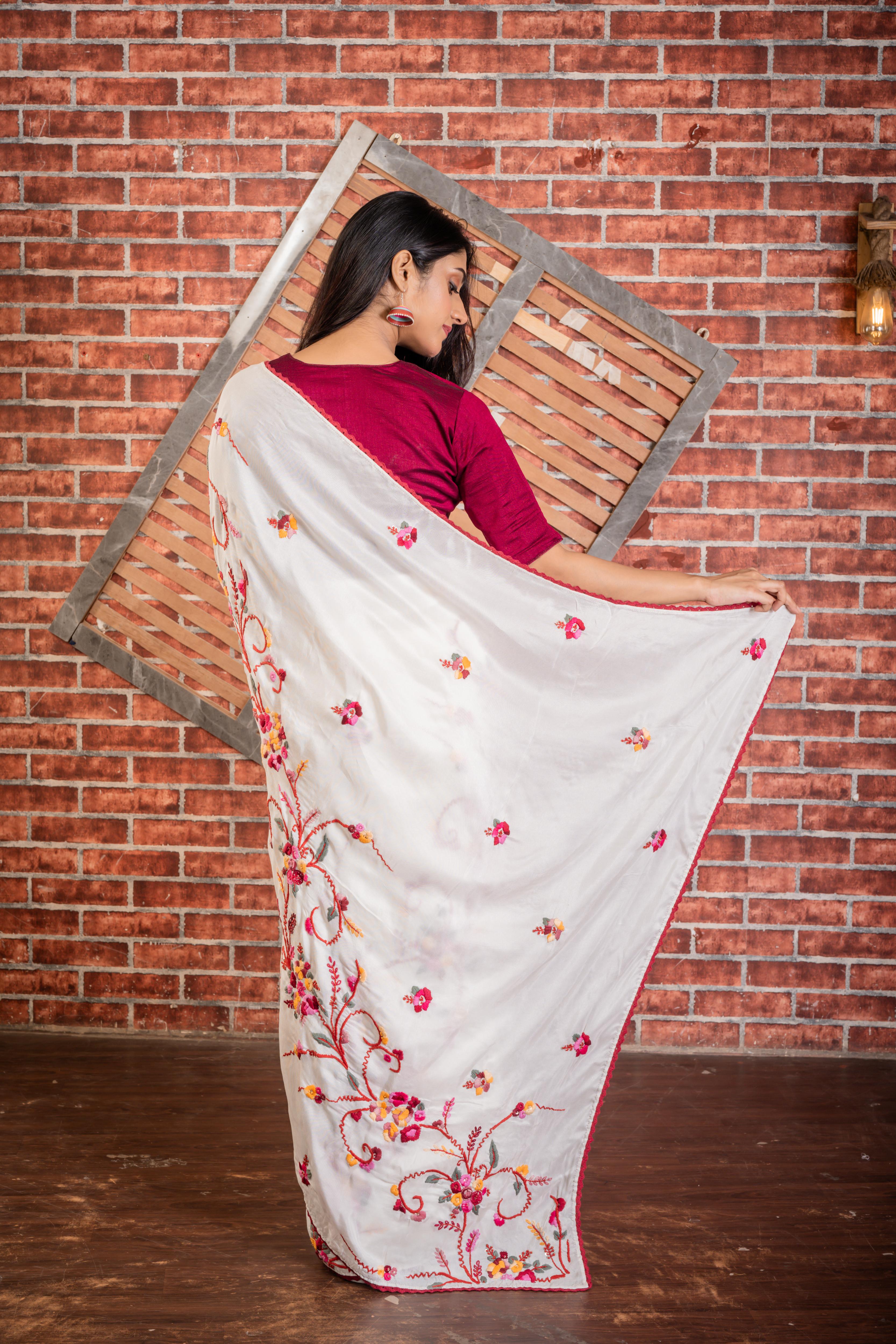 Jasmine || White Russian Silk Hand Embroidery Saree with all over Multi-colour Resham Boolean Parsi Floral motif and Sequins Highlights