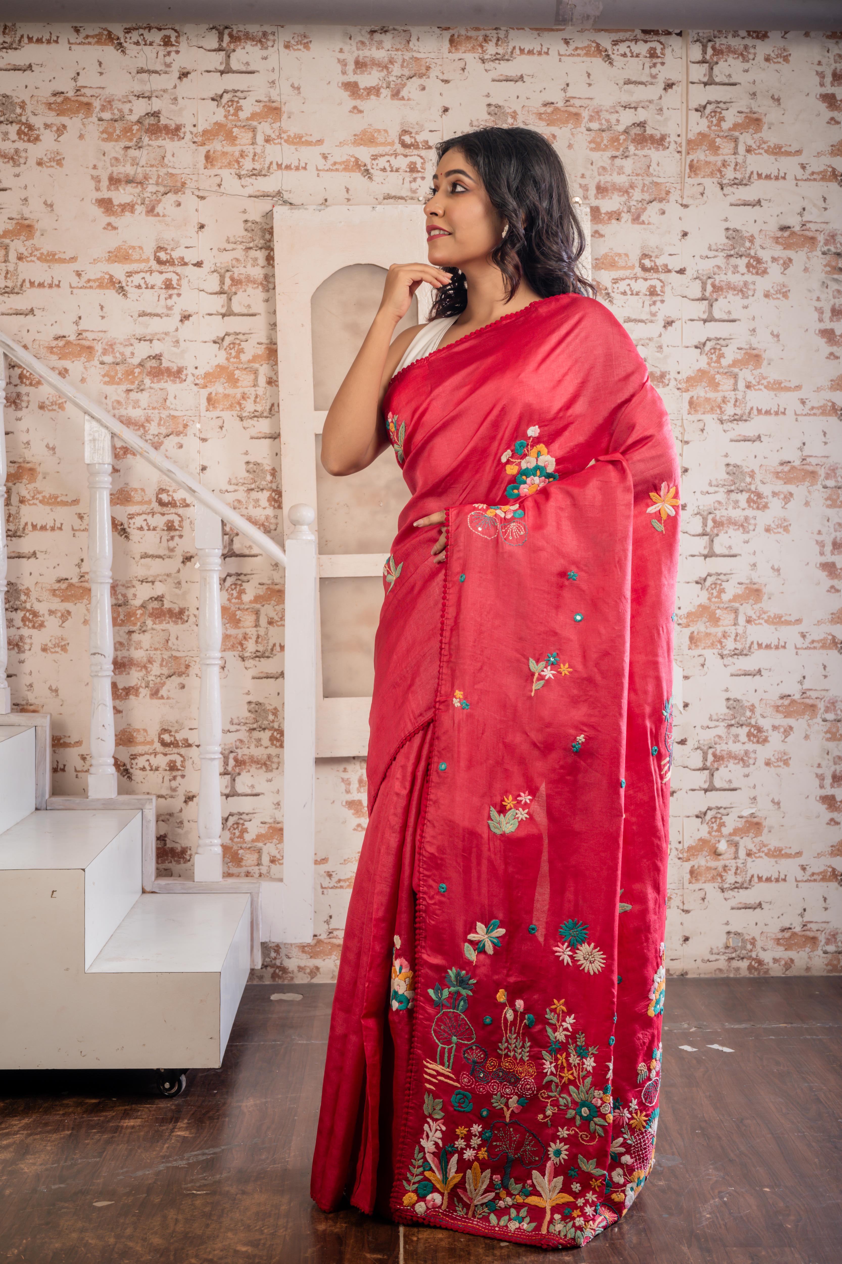 Arushi || Carmine Red Pure Tussar Silk Hand Embroidery Saree with all over Multi-colour Resham Boolean Floral motif and Sequins & Mirror Highlights