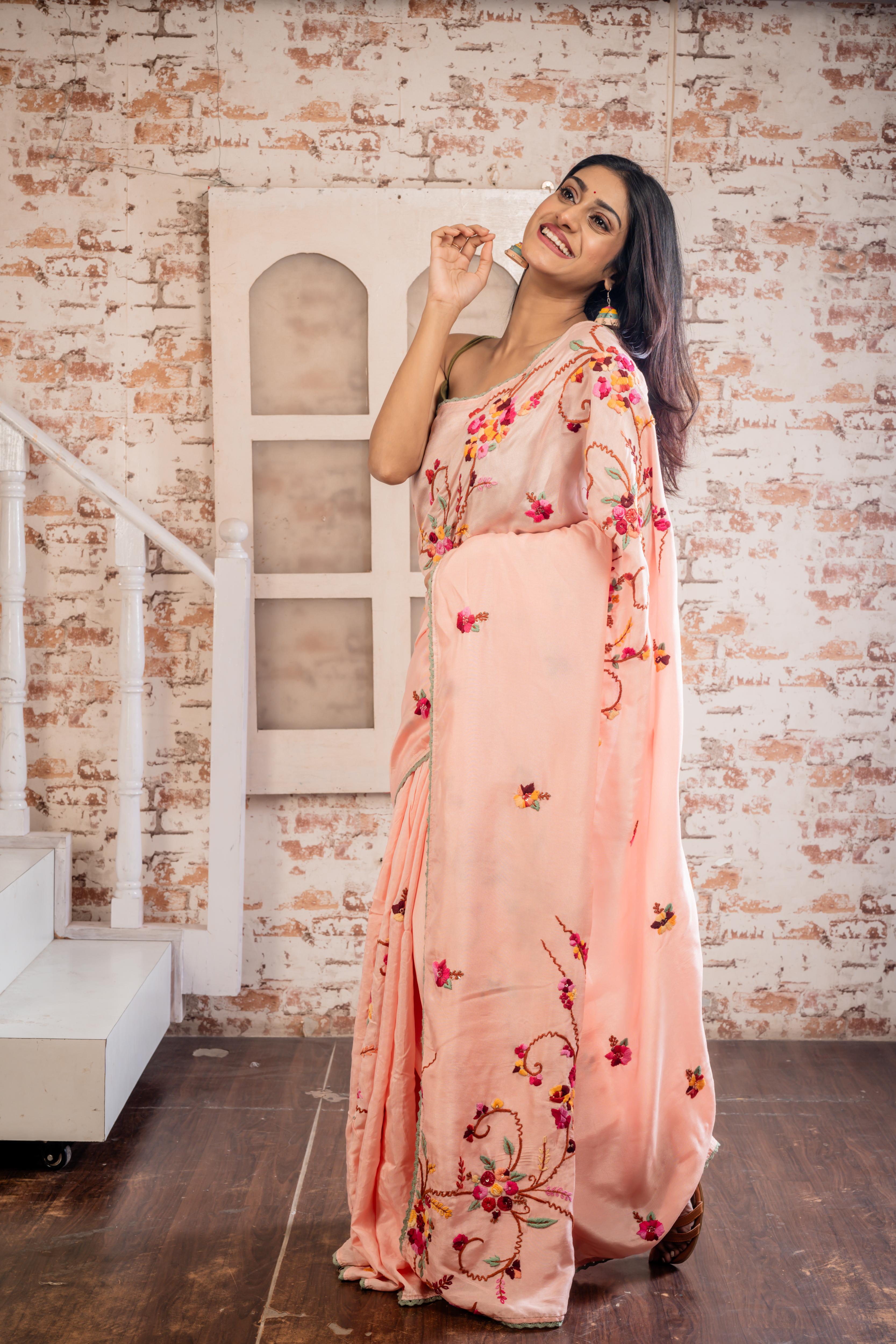 Lunasha || Peachy Pink Russian Silk Hand Embroidery Saree with all over Multi-colour Resham Boolean Parsi Floral motif and Sequins Highlights