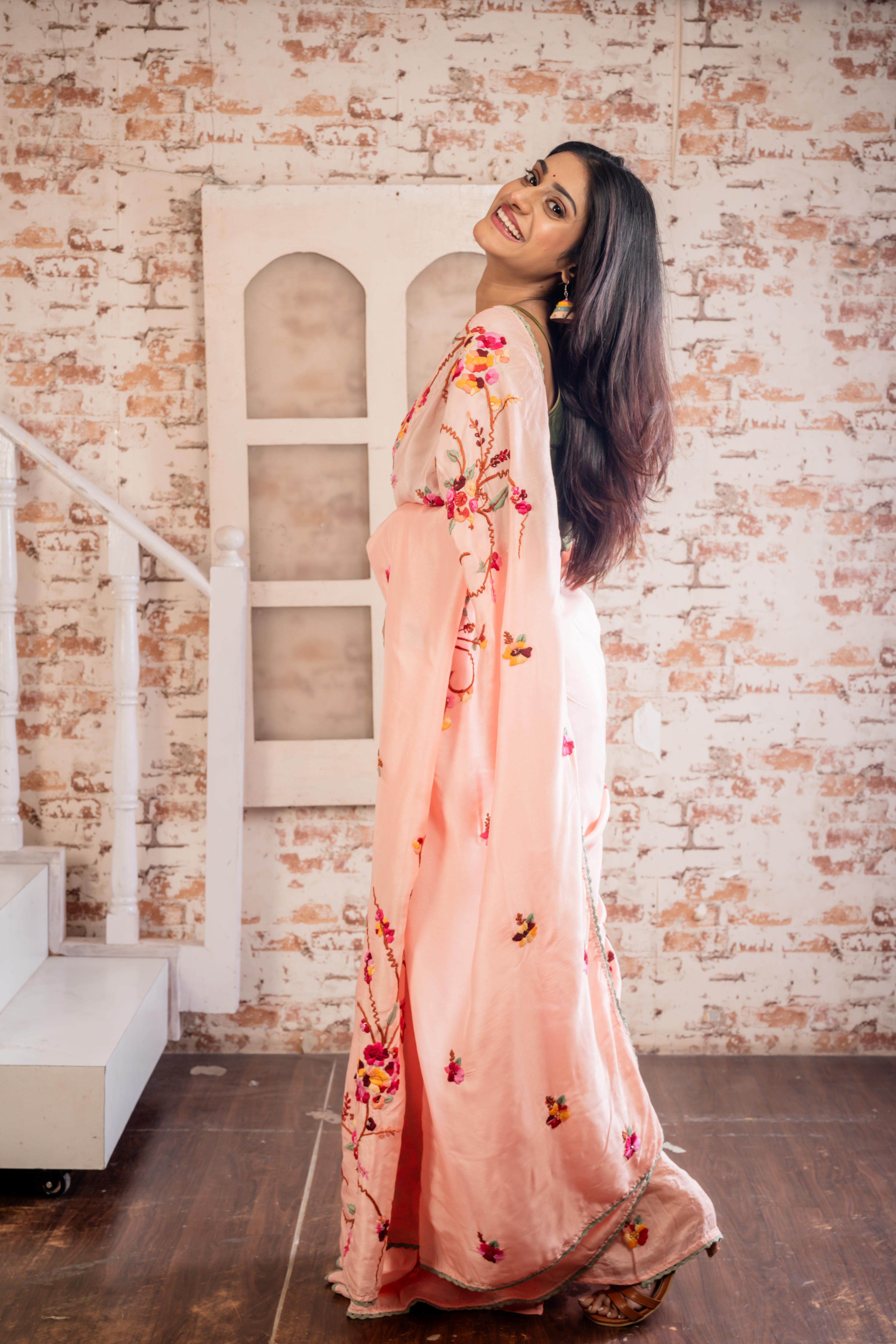 Lunasha || Peachy Pink Russian Silk Hand Embroidery Saree with all over Multi-colour Resham Boolean Parsi Floral motif and Sequins Highlights