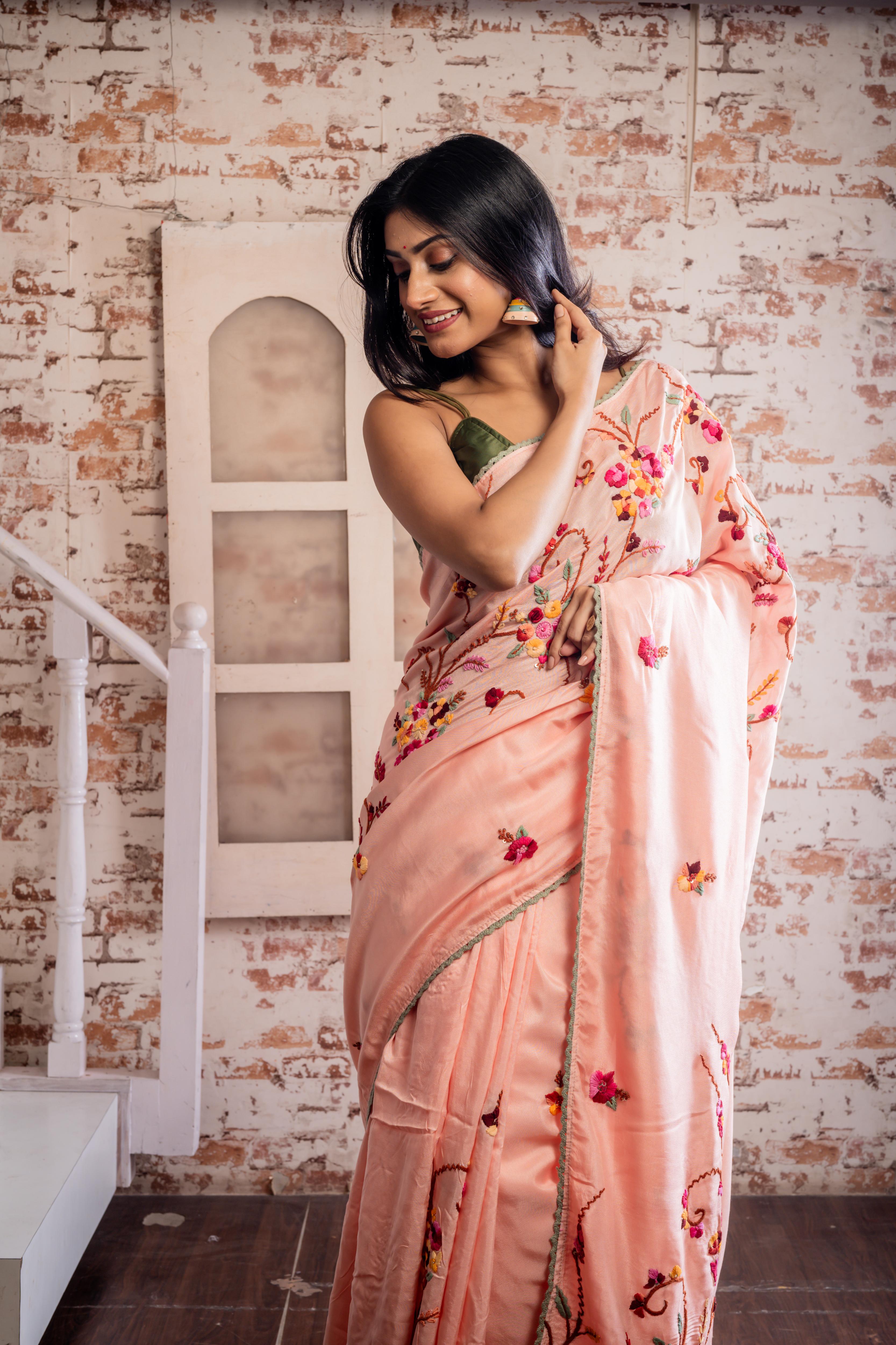 Lunasha || Peachy Pink Russian Silk Hand Embroidery Saree with all over Multi-colour Resham Boolean Parsi Floral motif and Sequins Highlights