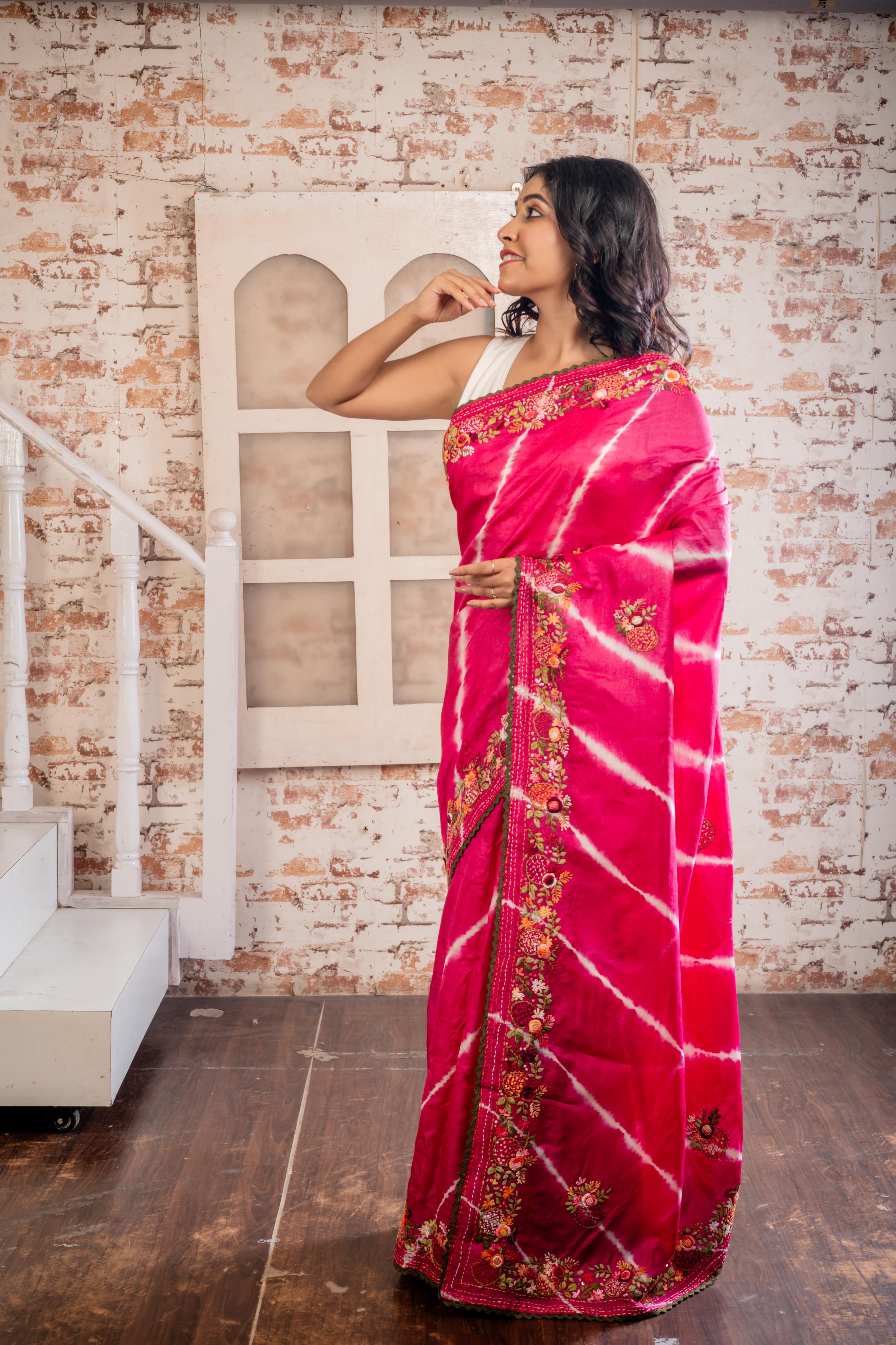 Saloni || Magenta Pure Tussar Silk Hand Embroidery Saree with all over White Shibori Stripes and Multi-colour Resham French Knot Parsi Floral motif and Sequins Highlights