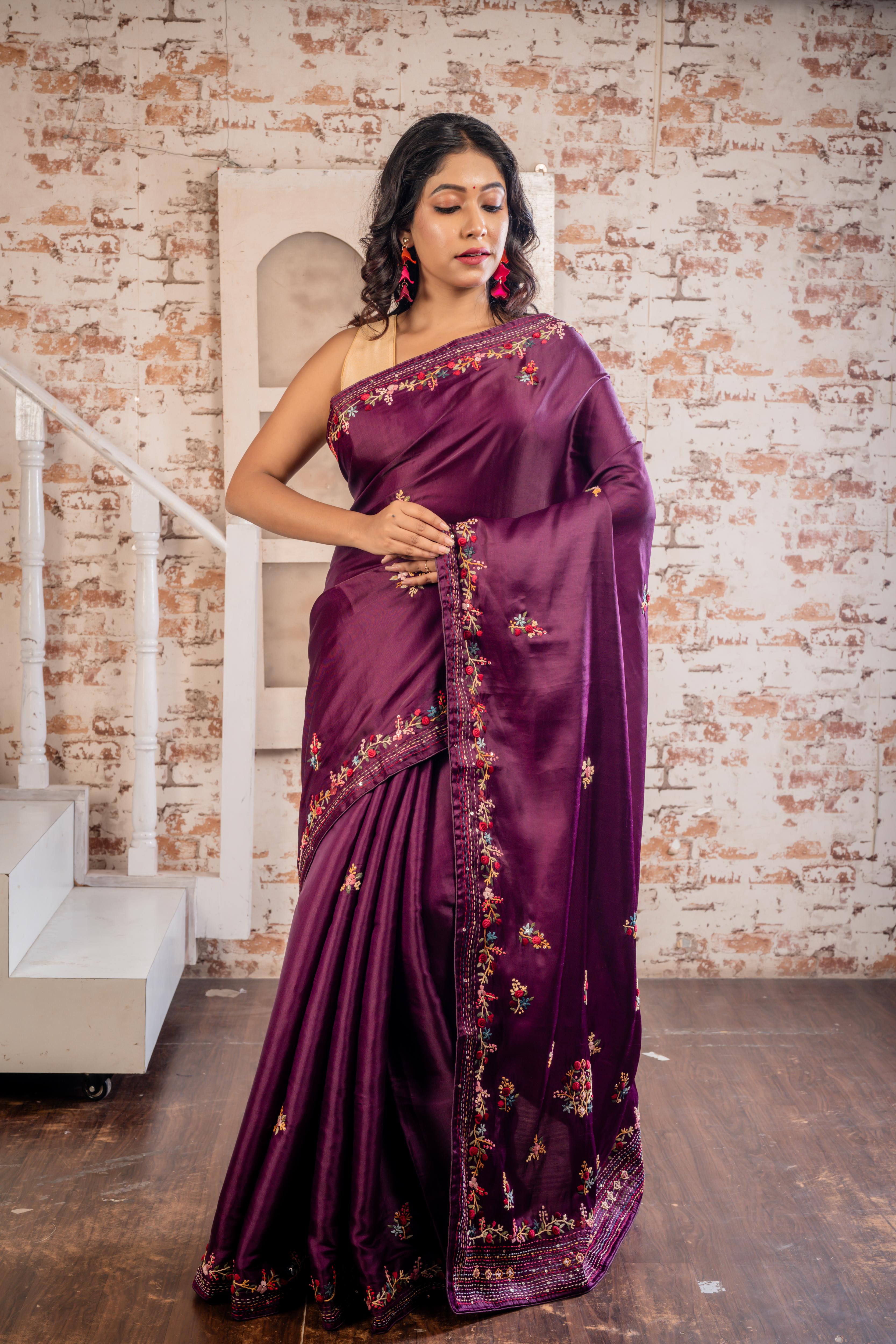 Avirai || Grapevine Soft Tussar Silk Hand Embroidery Saree with all over Multi-colour Resham Boolean Floral motif & Sequins Highlights