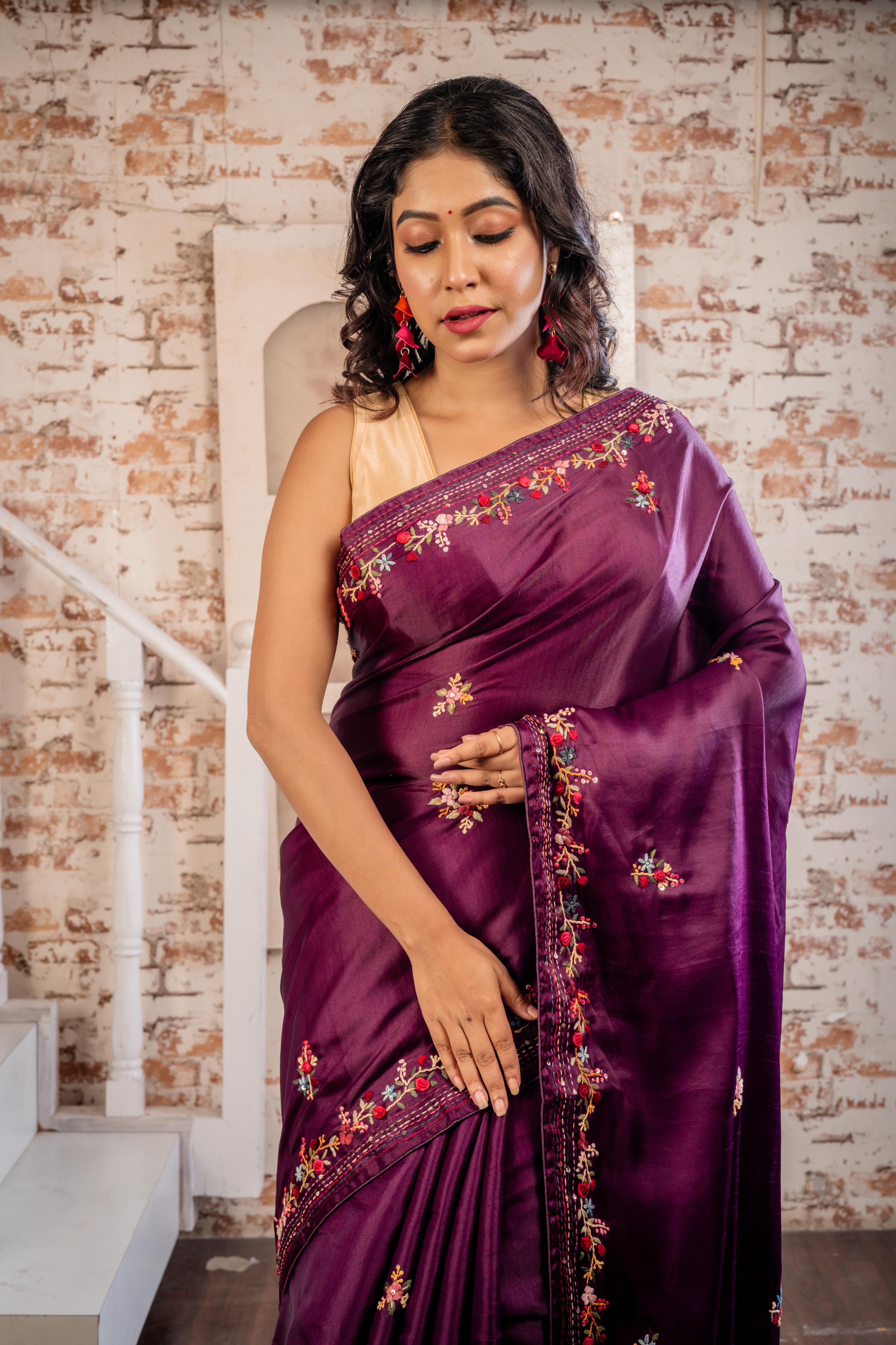 Avirai || Grapevine Soft Tussar Silk Hand Embroidery Saree with all over Multi-colour Resham Boolean Floral motif & Sequins Highlights