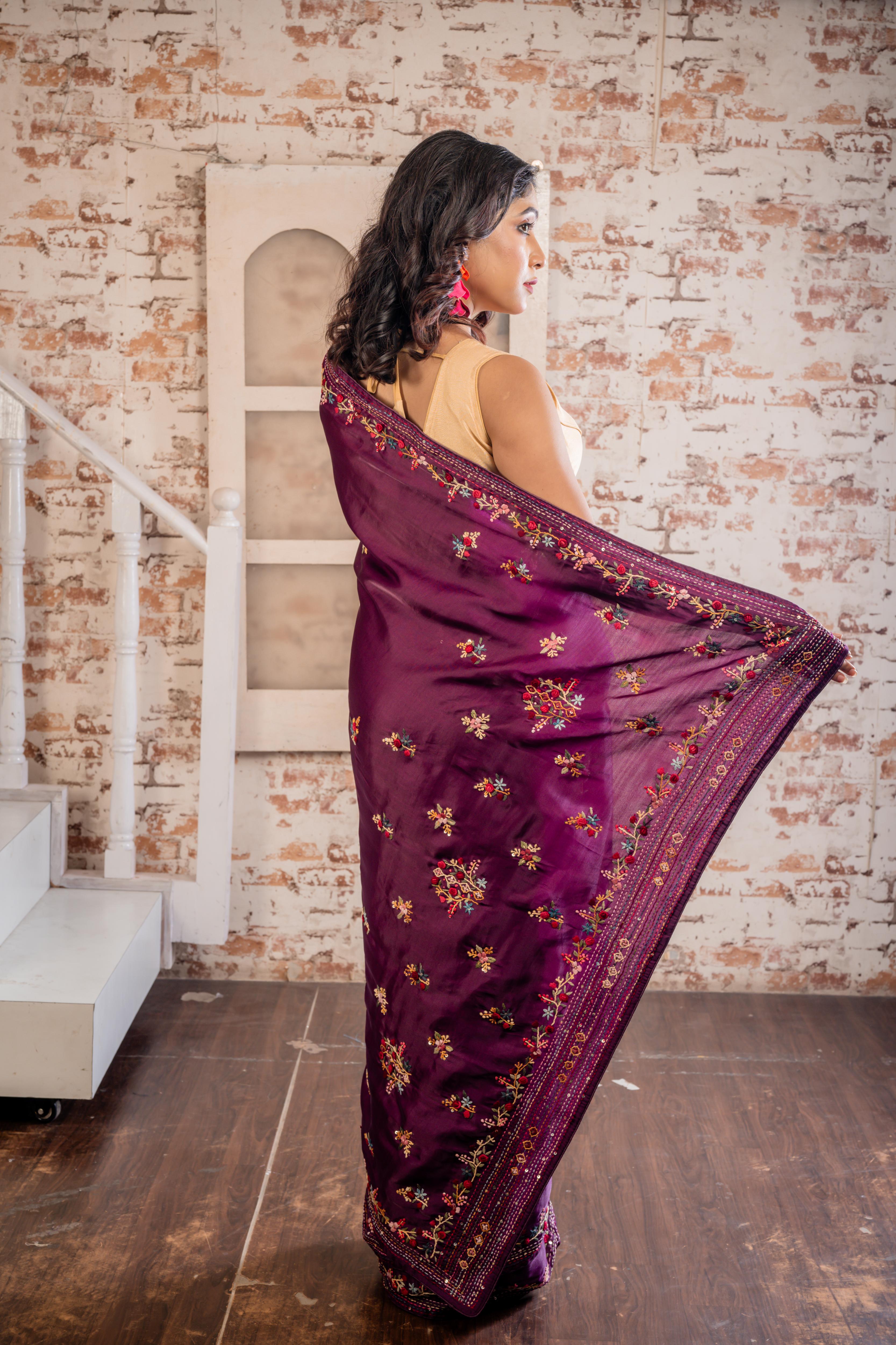 Avirai || Grapevine Soft Tussar Silk Hand Embroidery Saree with all over Multi-colour Resham Boolean Floral motif & Sequins Highlights