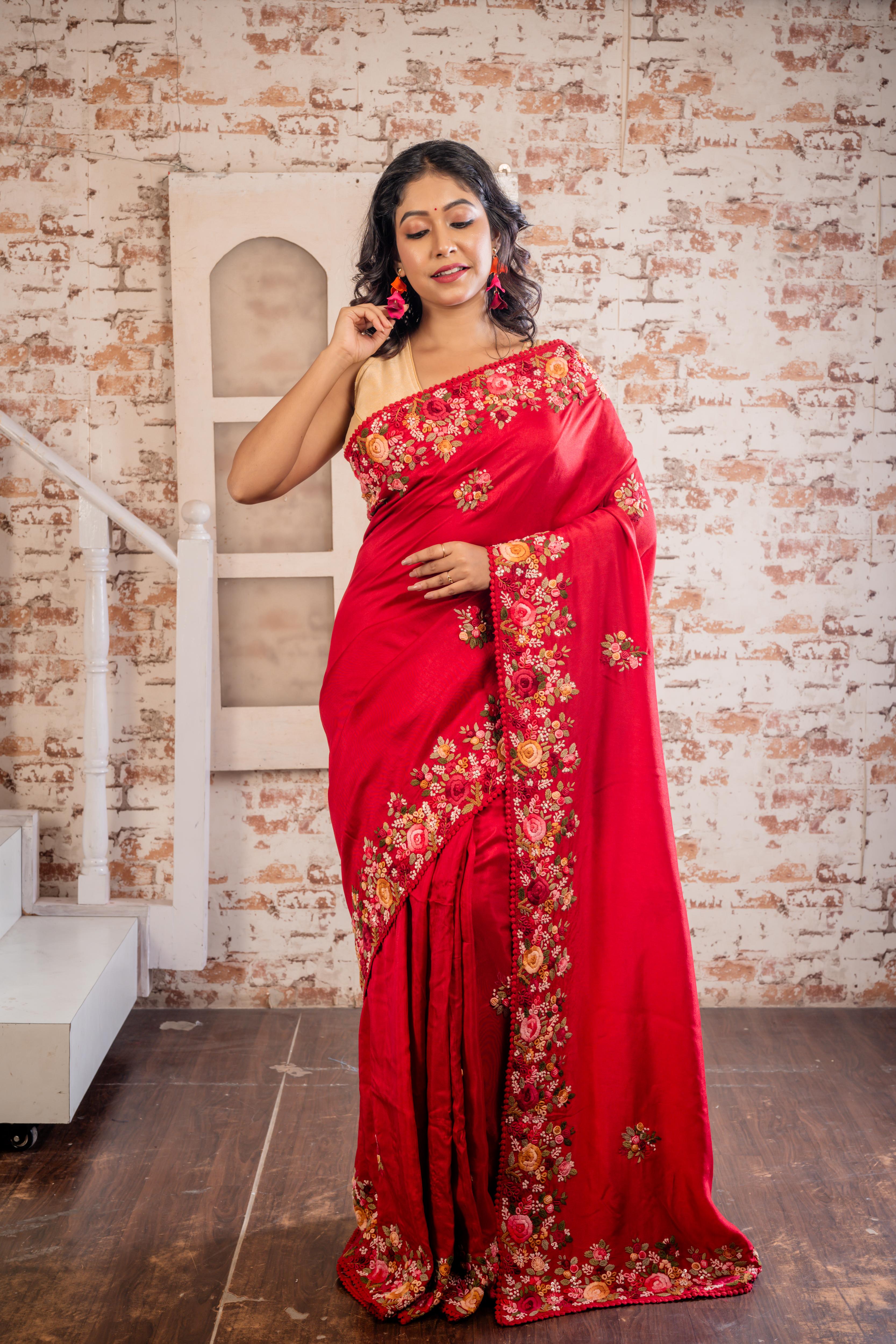 Prithika || Dark Red Russian Silk Hand Embroidery Saree with all over Multi-colour Resham Boolean Parsi Floral motif and Sequins Highlights