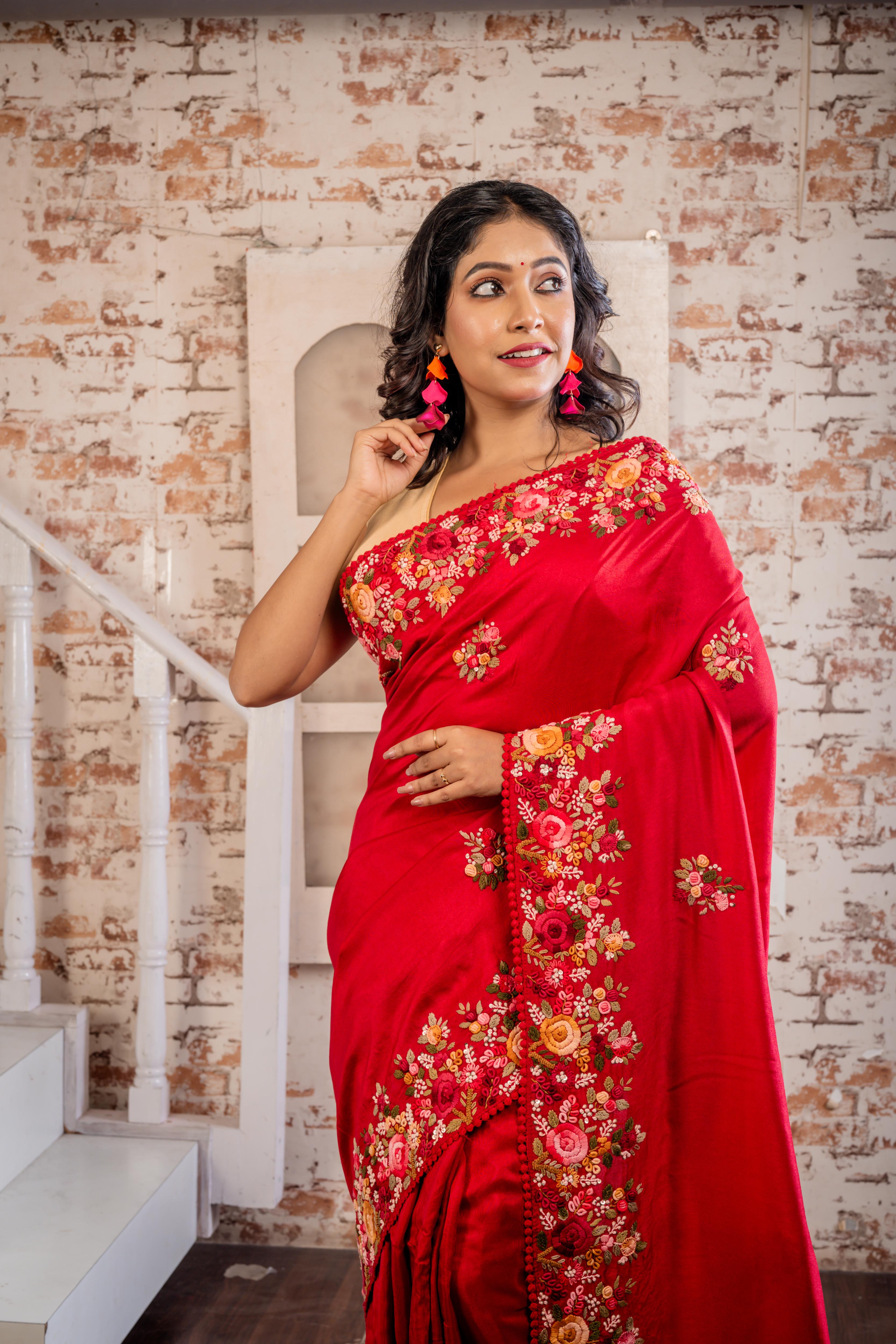 Prithika || Dark Red Russian Silk Hand Embroidery Saree with all over Multi-colour Resham Boolean Parsi Floral motif and Sequins Highlights