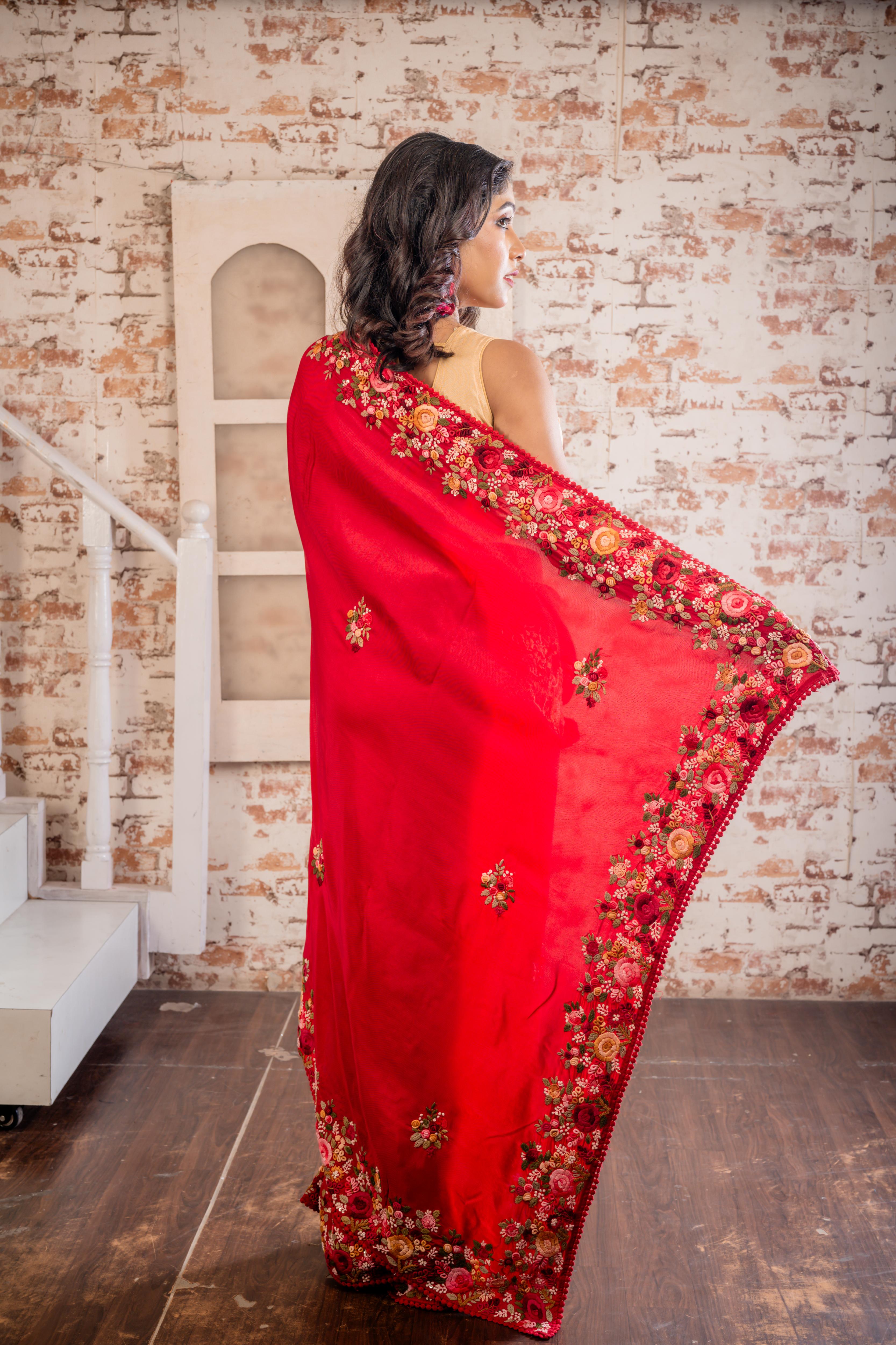 Prithika || Dark Red Russian Silk Hand Embroidery Saree with all over Multi-colour Resham Boolean Parsi Floral motif and Sequins Highlights