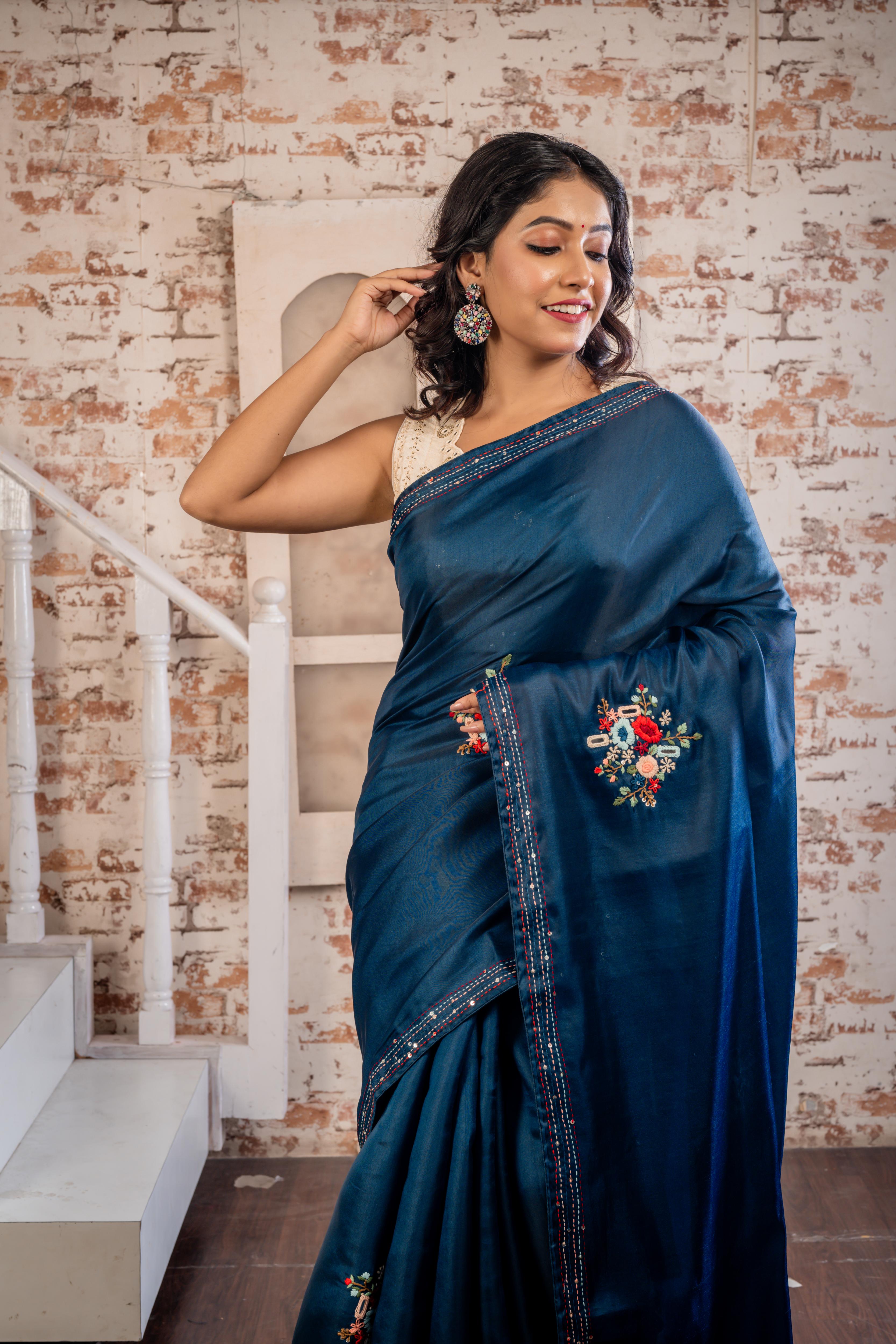 Kamya || Midnight Blue Soft Tussar Silk Hand Embroidery Saree with all over Multi-colour Resham Boolean Floral motif and Sequins & Mirror Highlights