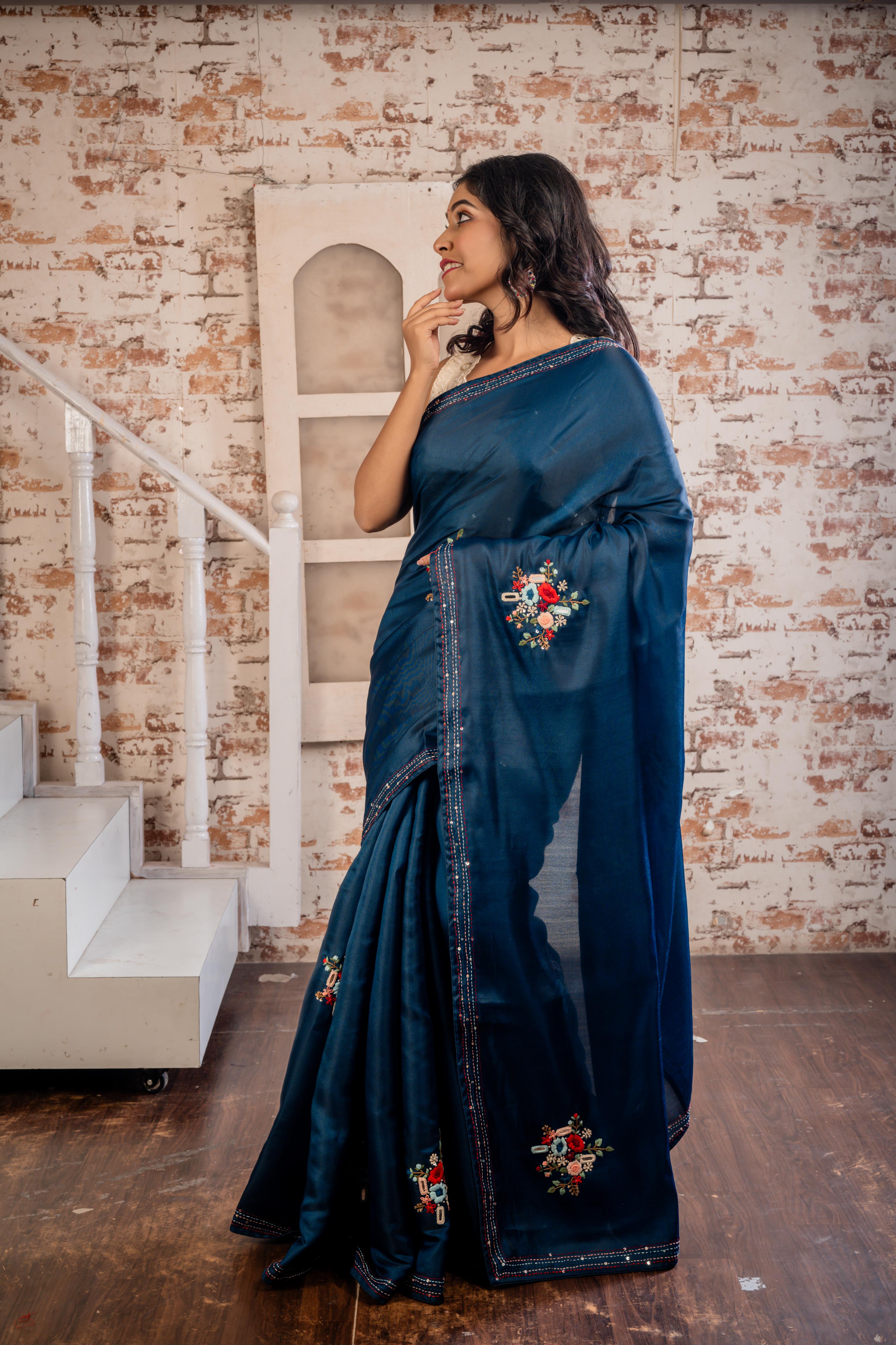 Kamya || Midnight Blue Soft Tussar Silk Hand Embroidery Saree with all over Multi-colour Resham Boolean Floral motif and Sequins & Mirror Highlights