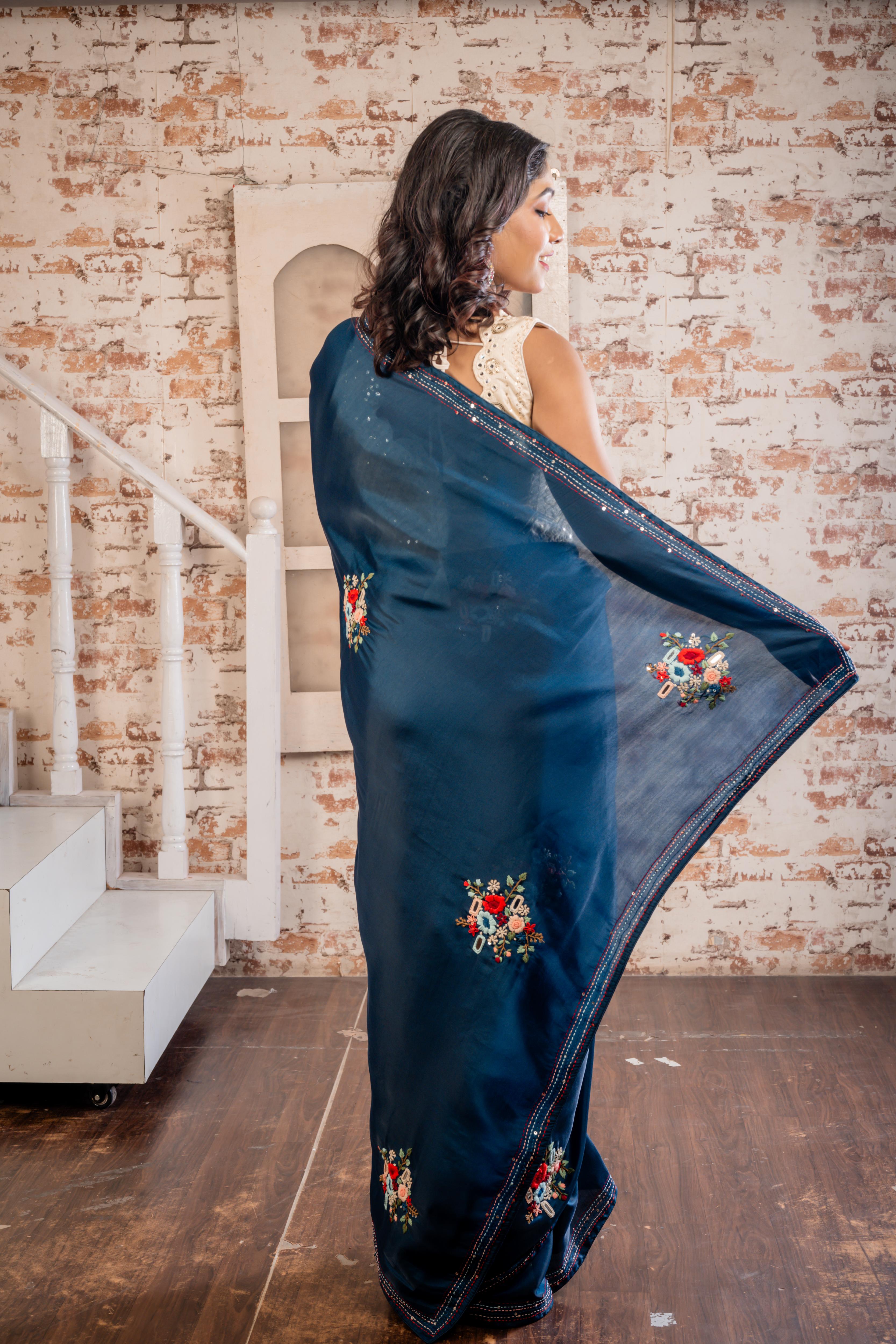 Kamya || Midnight Blue Soft Tussar Silk Hand Embroidery Saree with all over Multi-colour Resham Boolean Floral motif and Sequins & Mirror Highlights