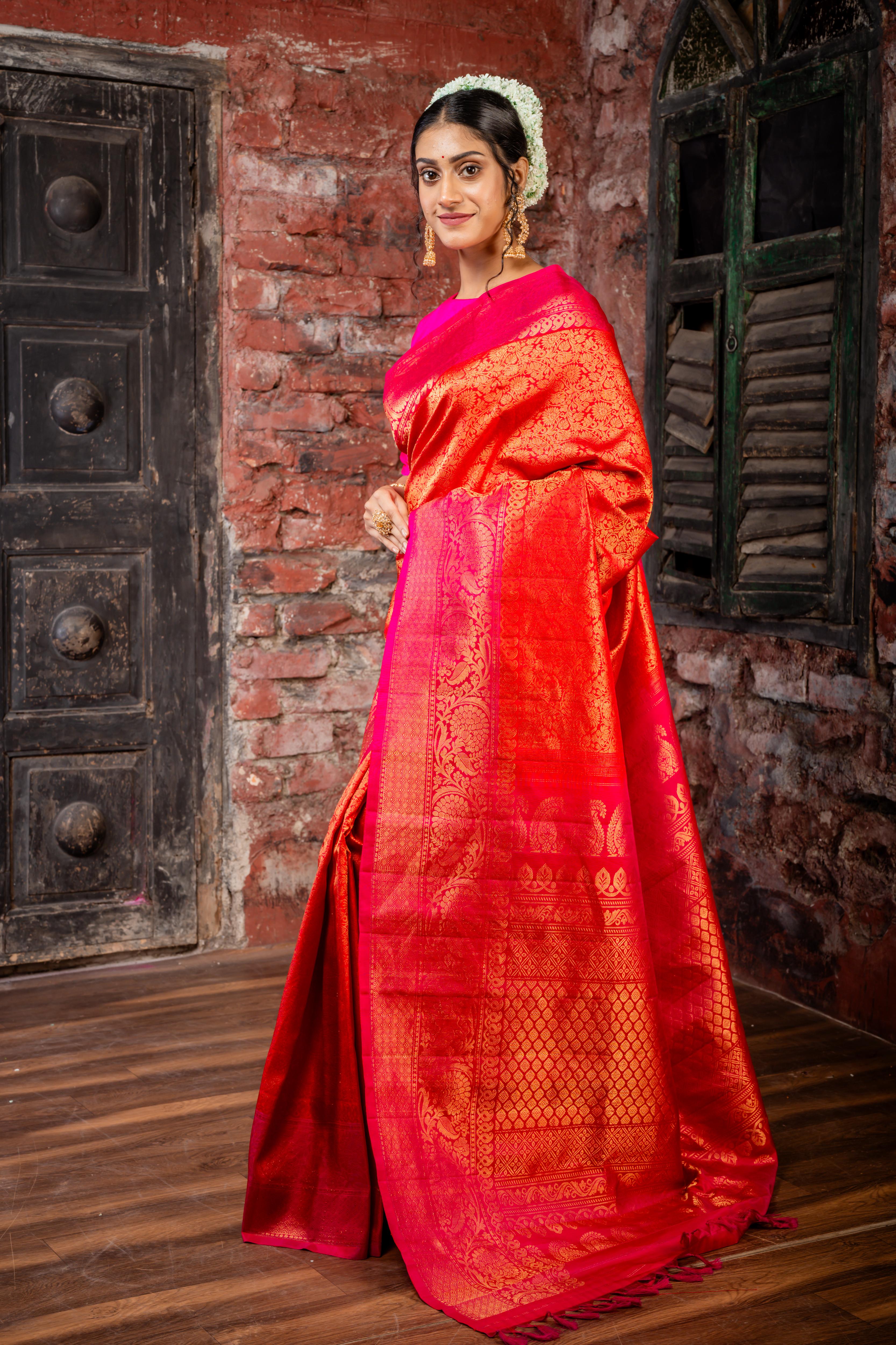 Sindhura || Red Pure Gadwal Silk Handloom Saree with full body Antique Gold Zari woven traditional design, Magenta & Antique Gold Zari Border and Brocade Pallu