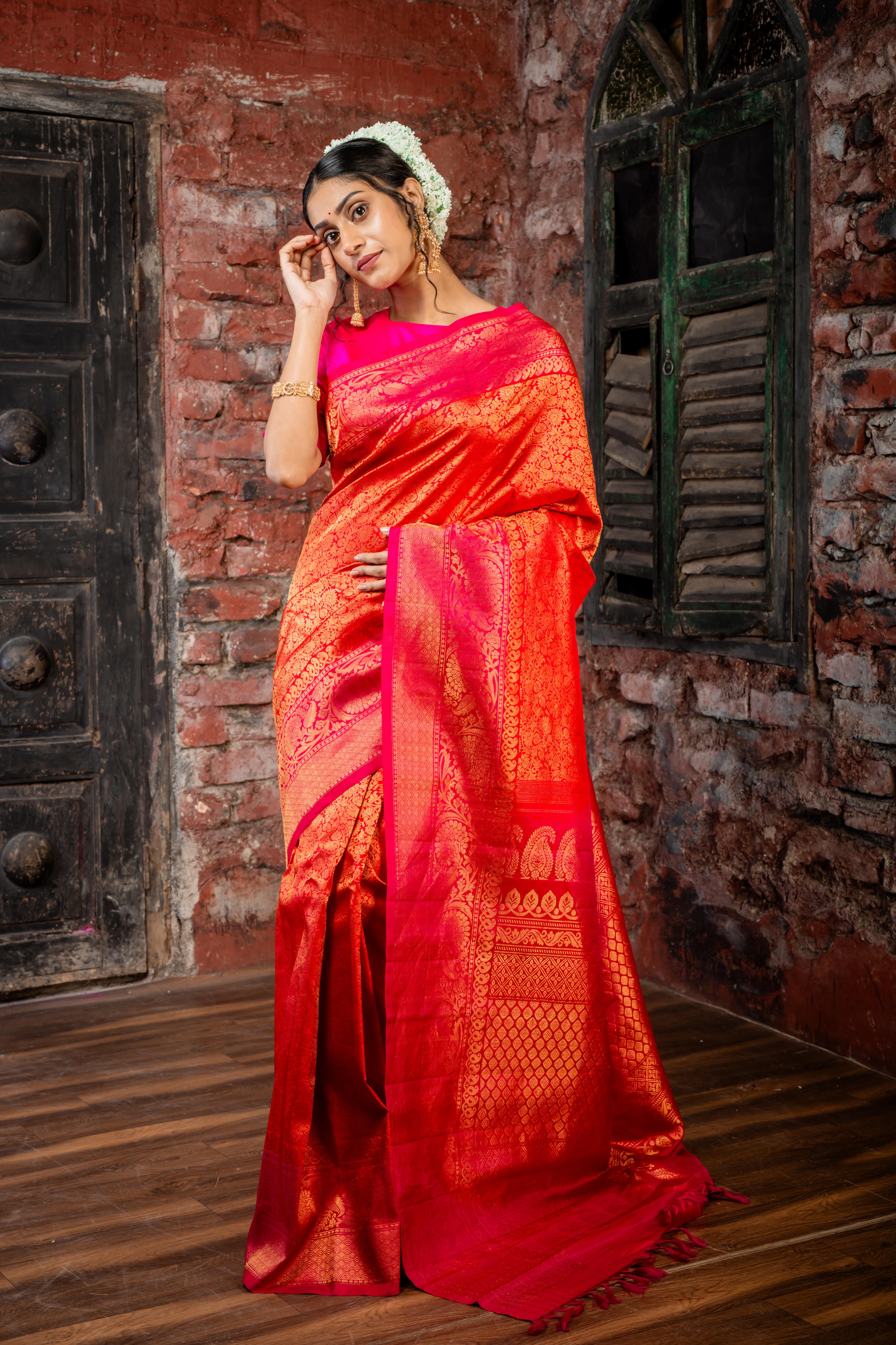 Sindhura || Red Pure Gadwal Silk Handloom Saree with full body Antique Gold Zari woven traditional design, Magenta & Antique Gold Zari Border and Brocade Pallu