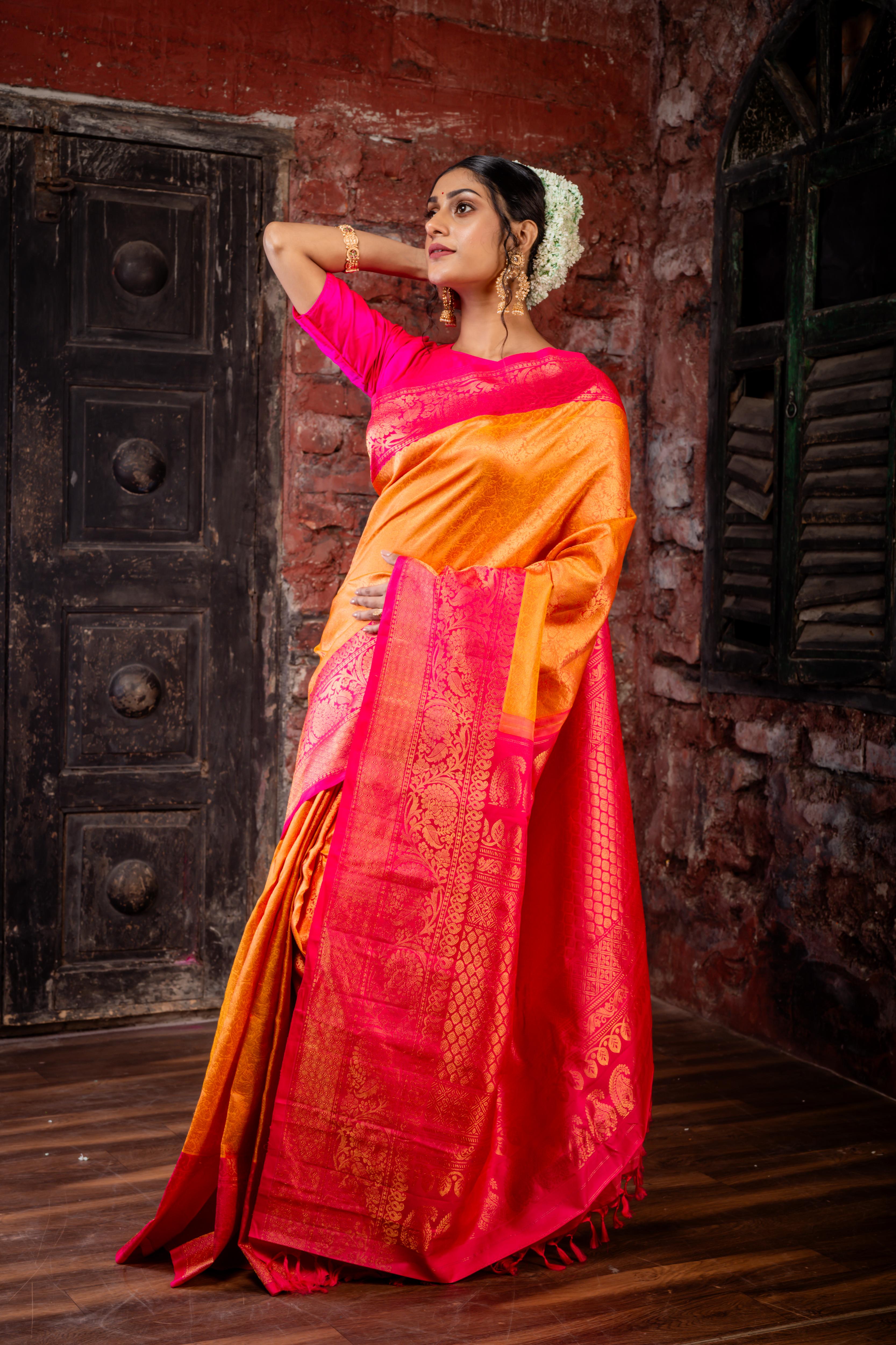 Swarnalatha || Tangerine & Hot Pink dual tone Gadwal Silk Handloom Saree with full body Golden Zari woven traditional design, Hot Pink & Golden Zari Border and Traditional design Pallu