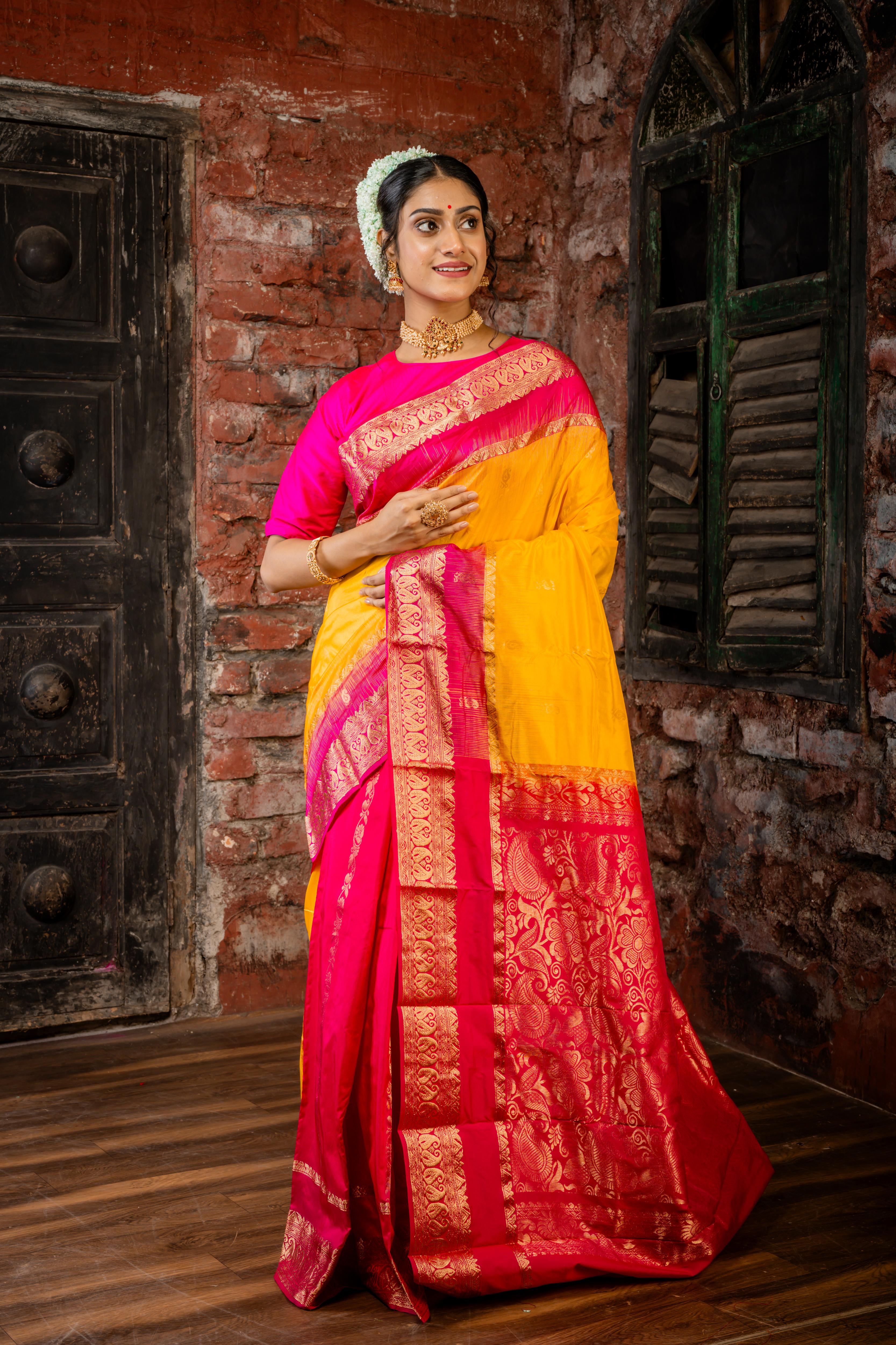 Pitambari || Half Body Turmeric Yellow & Matte Gold Zari Buta and Half Body Magenta Pink & Matte Gold Zari Stripe 'Patli Pallu' Kanjivaram Silk Saree with Magenta Pink & Antique Gold Zari Traditional design Border & Pallu
