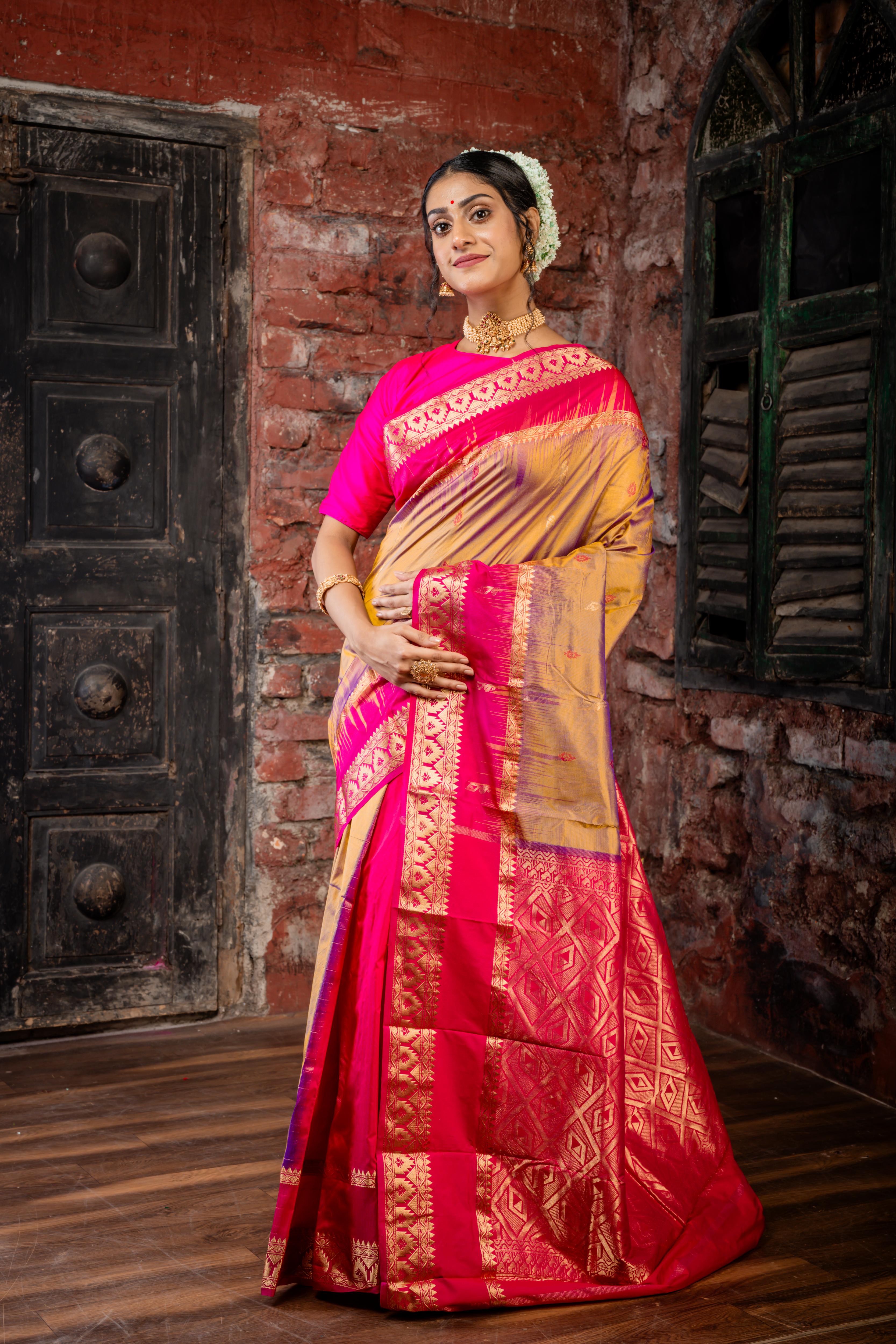 Tanishka || Half Body Golden Olive-Violet dual tone with Red Resham & Matte Gold Zari Buta and Half Body Magenta Pink & Matte Gold Zari Stripe 'Patli Pallu' Kanjivaram Silk Saree with Magenta Pink & Antique Gold Zari Traditional design Border & Pallu