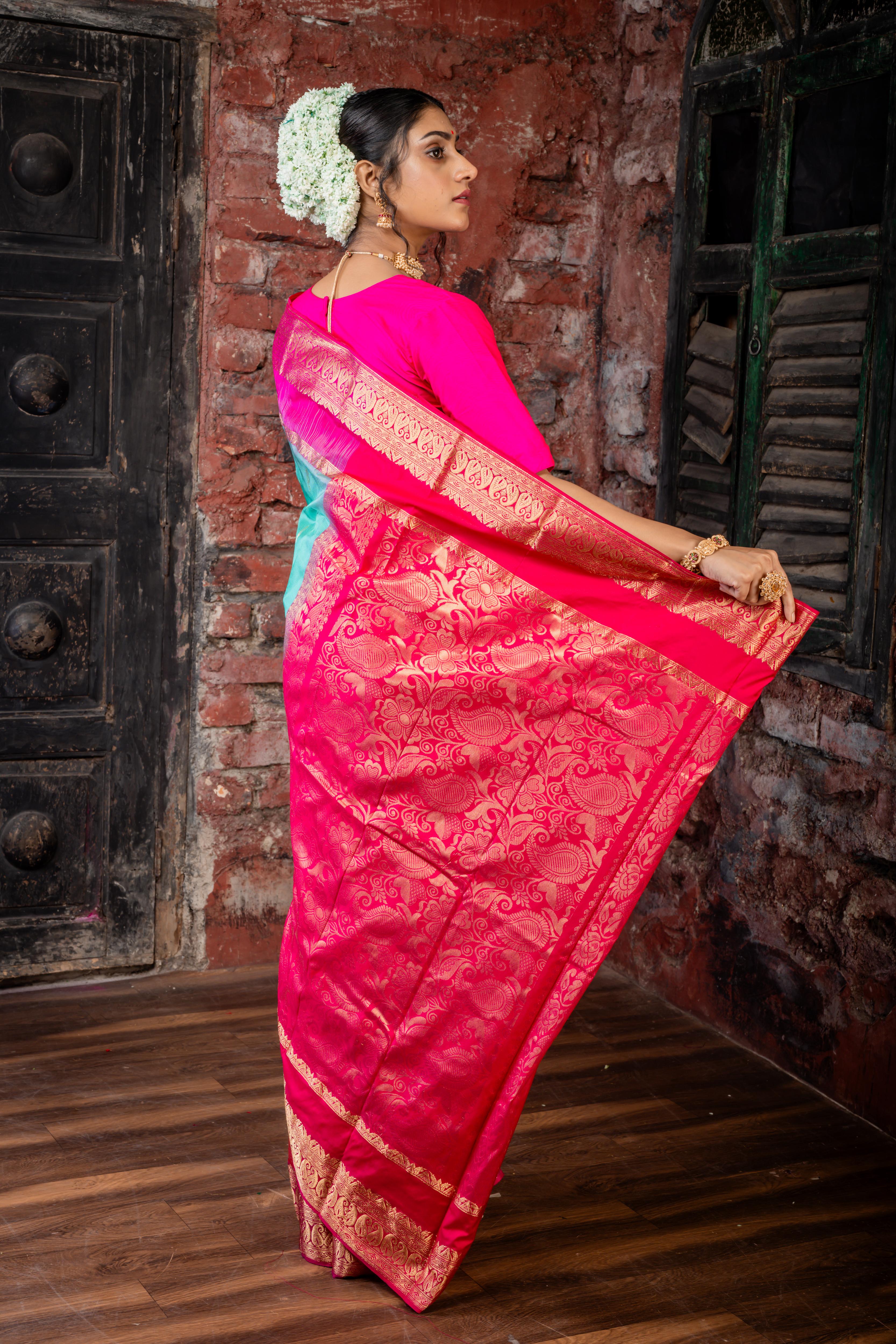 Rithika || Half Body Teal Green & Matte Gold Zari Buta and Half Body Magenta Pink & Matte Gold Zari Stripe 'Patli Pallu' Kanjivaram Silk Saree with Magenta Pink & Antique Gold Zari Traditional design Border & Pallu