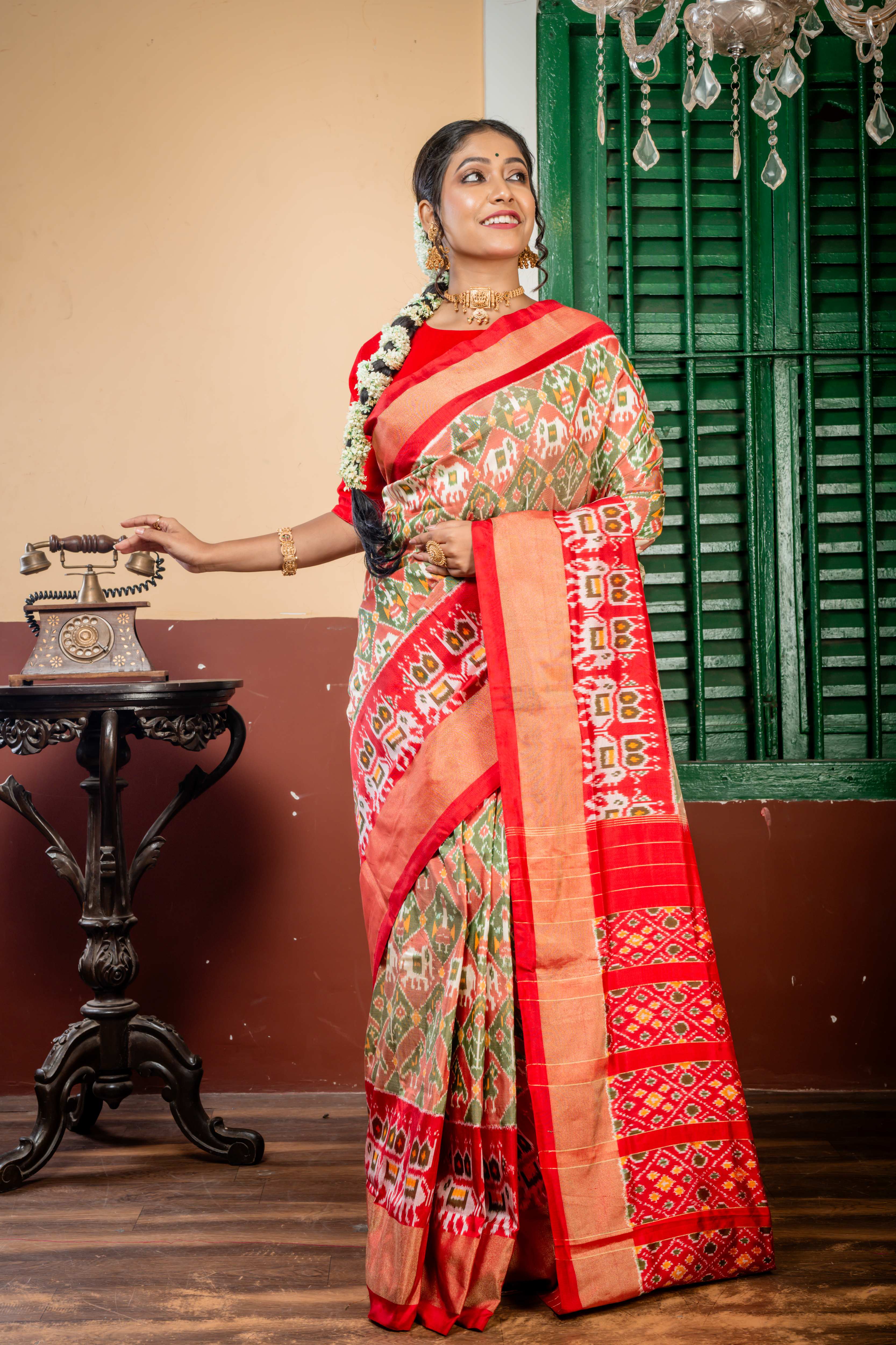 Vinitha || Sap Green, Off-white & Pale Maroon shaded Pure Silk Ikkat Handloom Saree with full body traditional Ikkat design and Dark Red & Golden Zari Border & Pallu