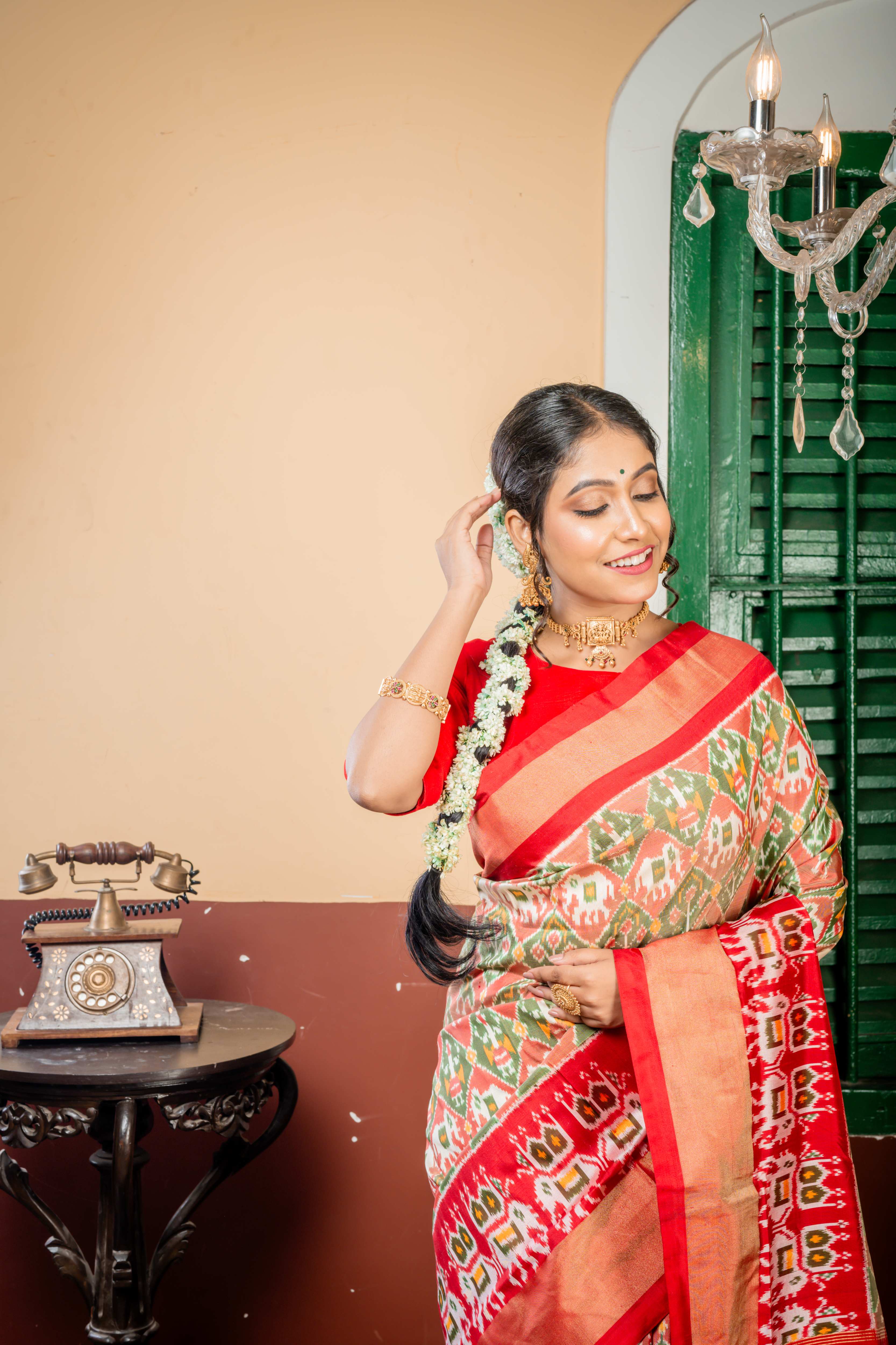 Vinitha || Sap Green, Off-white & Pale Maroon shaded Pure Silk Ikkat Handloom Saree with full body traditional Ikkat design and Dark Red & Golden Zari Border & Pallu