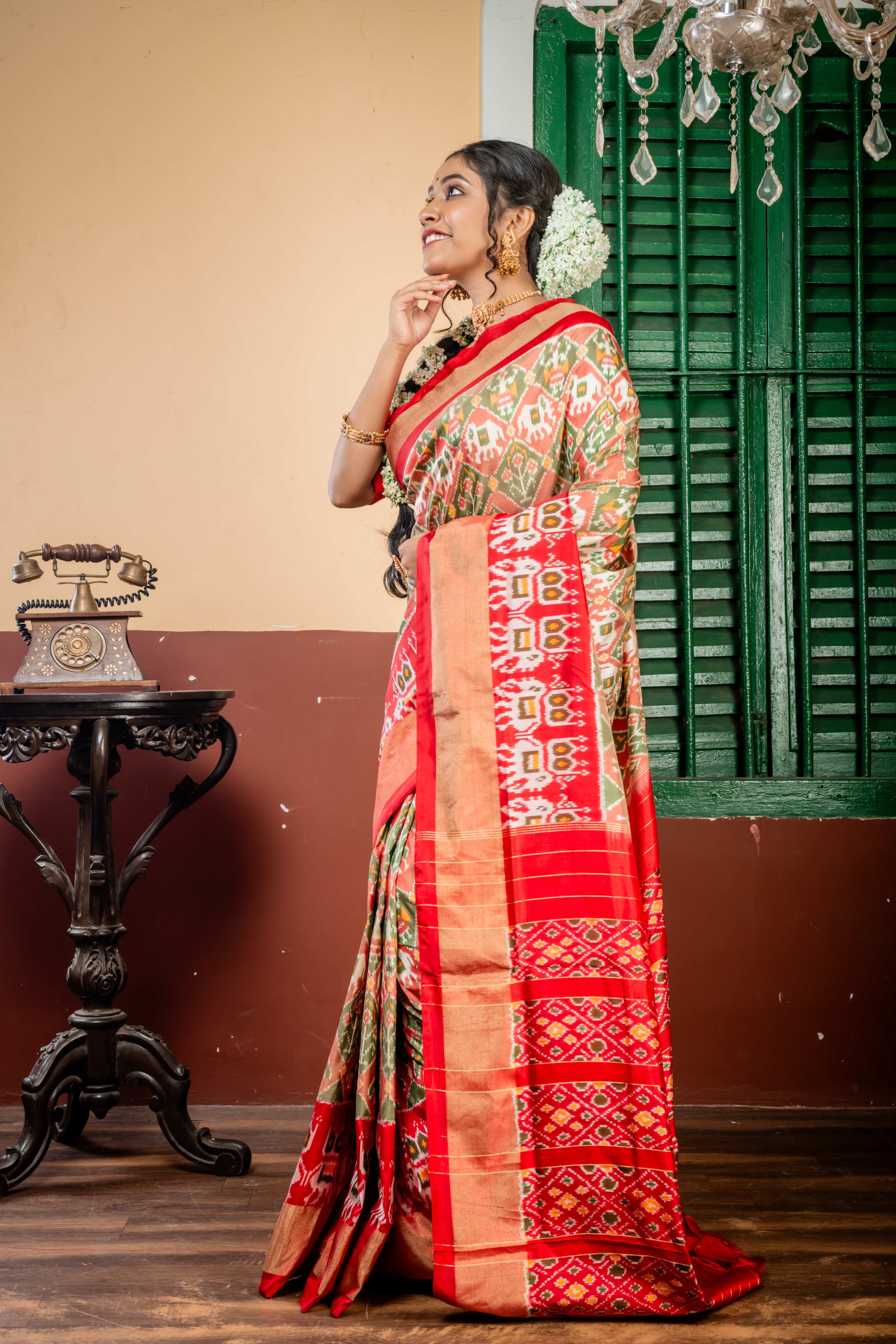 Vinitha || Sap Green, Off-white & Pale Maroon shaded Pure Silk Ikkat Handloom Saree with full body traditional Ikkat design and Dark Red & Golden Zari Border & Pallu