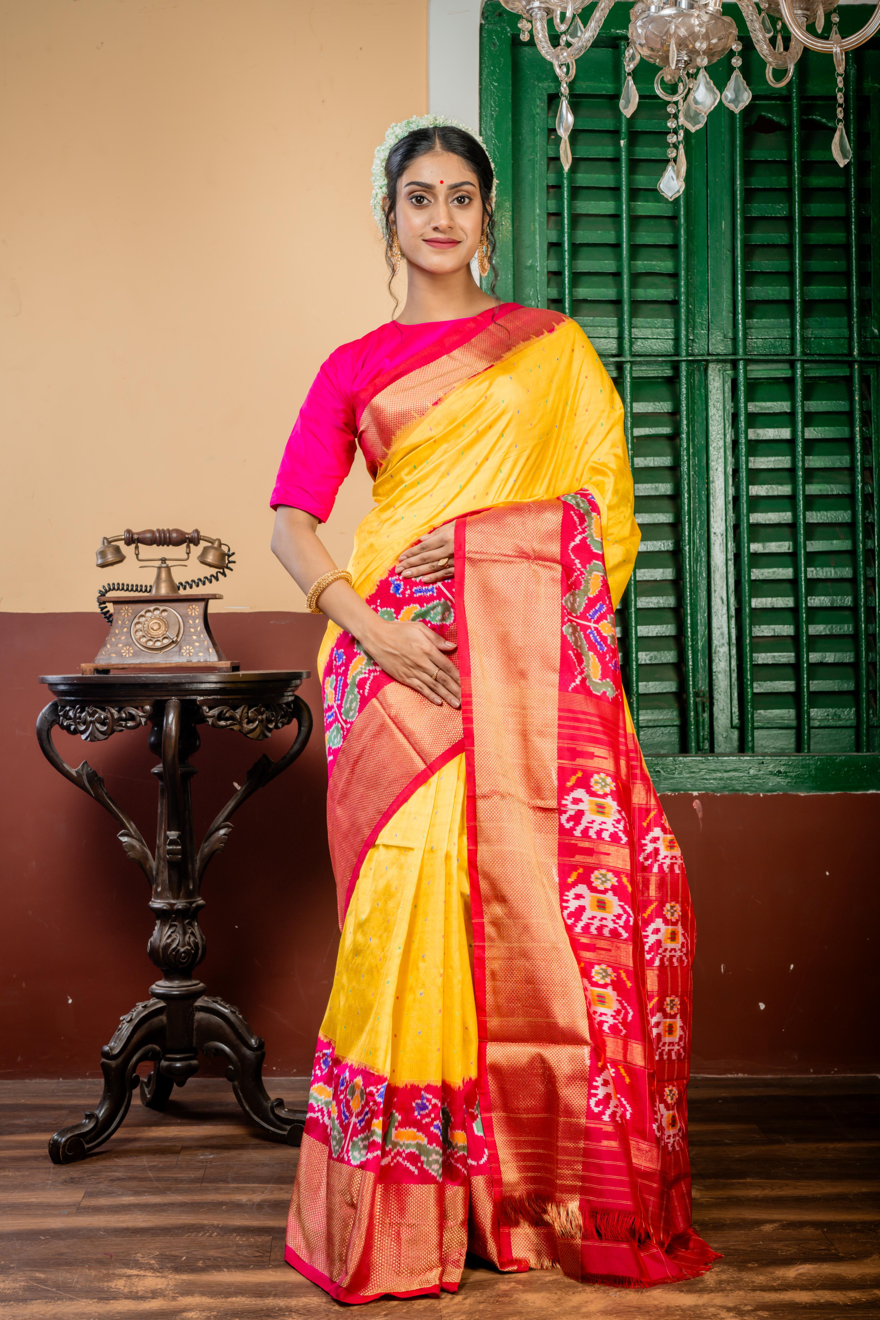 Gajagamini || Bright Yellow Pure Silk Pochampally Handloom Saree with all over Multi-colour Ikkat Buti & Matte Gold Zari Checks, Magenta Pink & Red dual tone with Antique Gold Zari Ikkat Border & Pallu with Zari Checks highlights