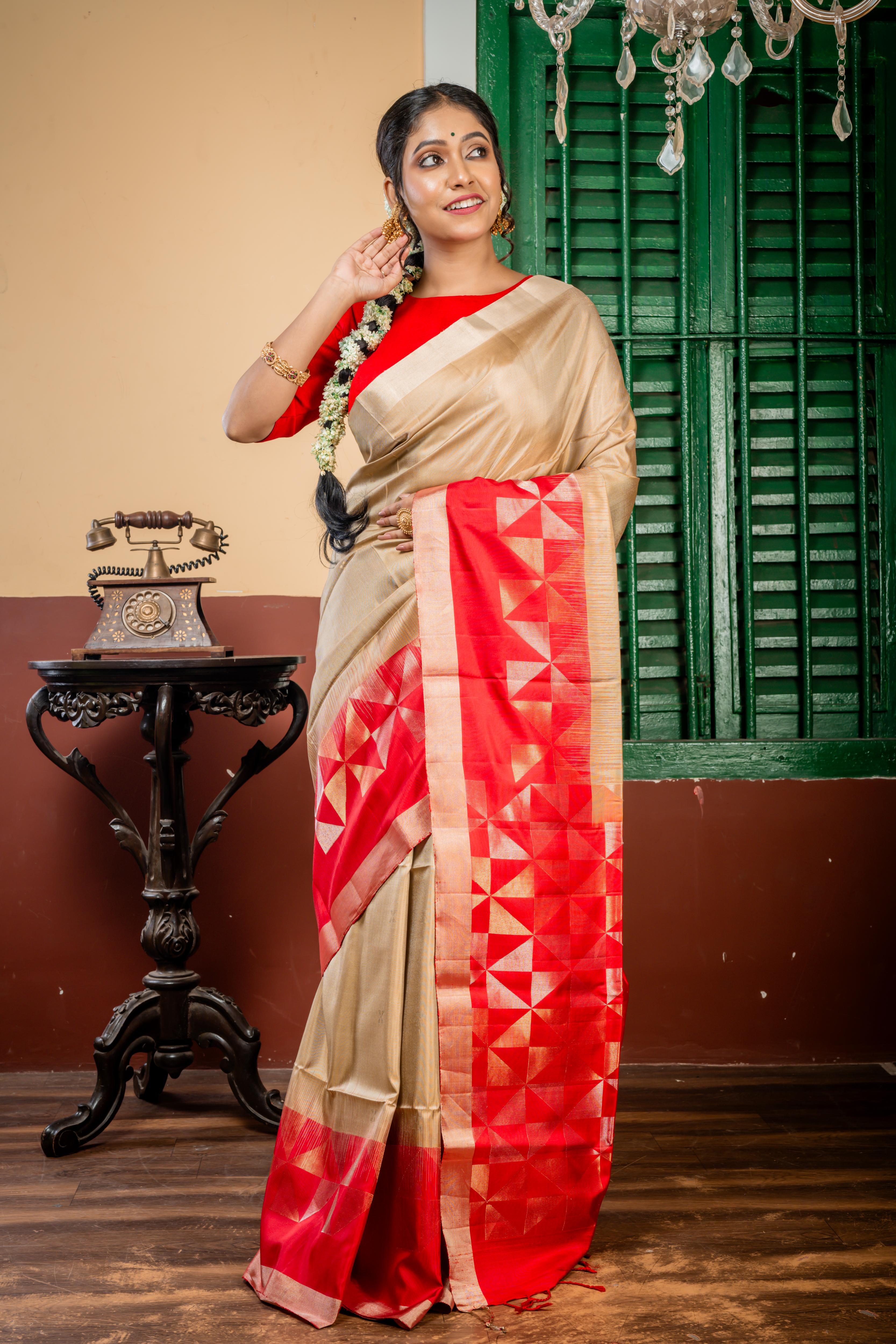 Ranjitha || Beige Gold Pattu Soft Silk Handloom Saree with all over Matte Gold & Matte Silver Zari Abstract Buta, Plain Copper Border and Red Border & Pallu in Antique Gold & Antique Silver Zari Abstract Triangle design