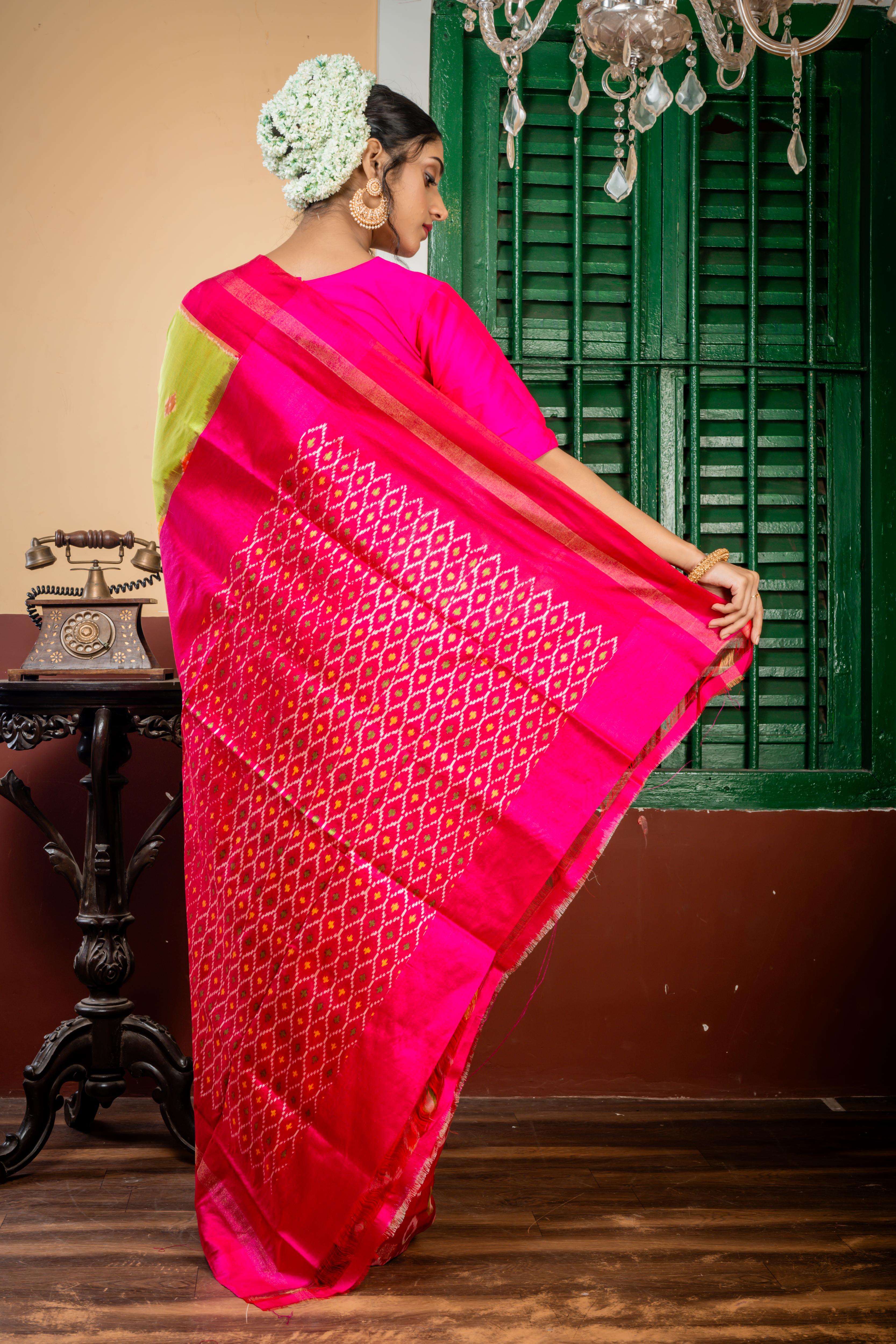 Tulasi || Parrot Green Pure Silk Ikkat Handloom Saree with all over Multi-colour traditional Ikkat Buta, Magenta & Antique Zari Border and all over Ikkat Pallu