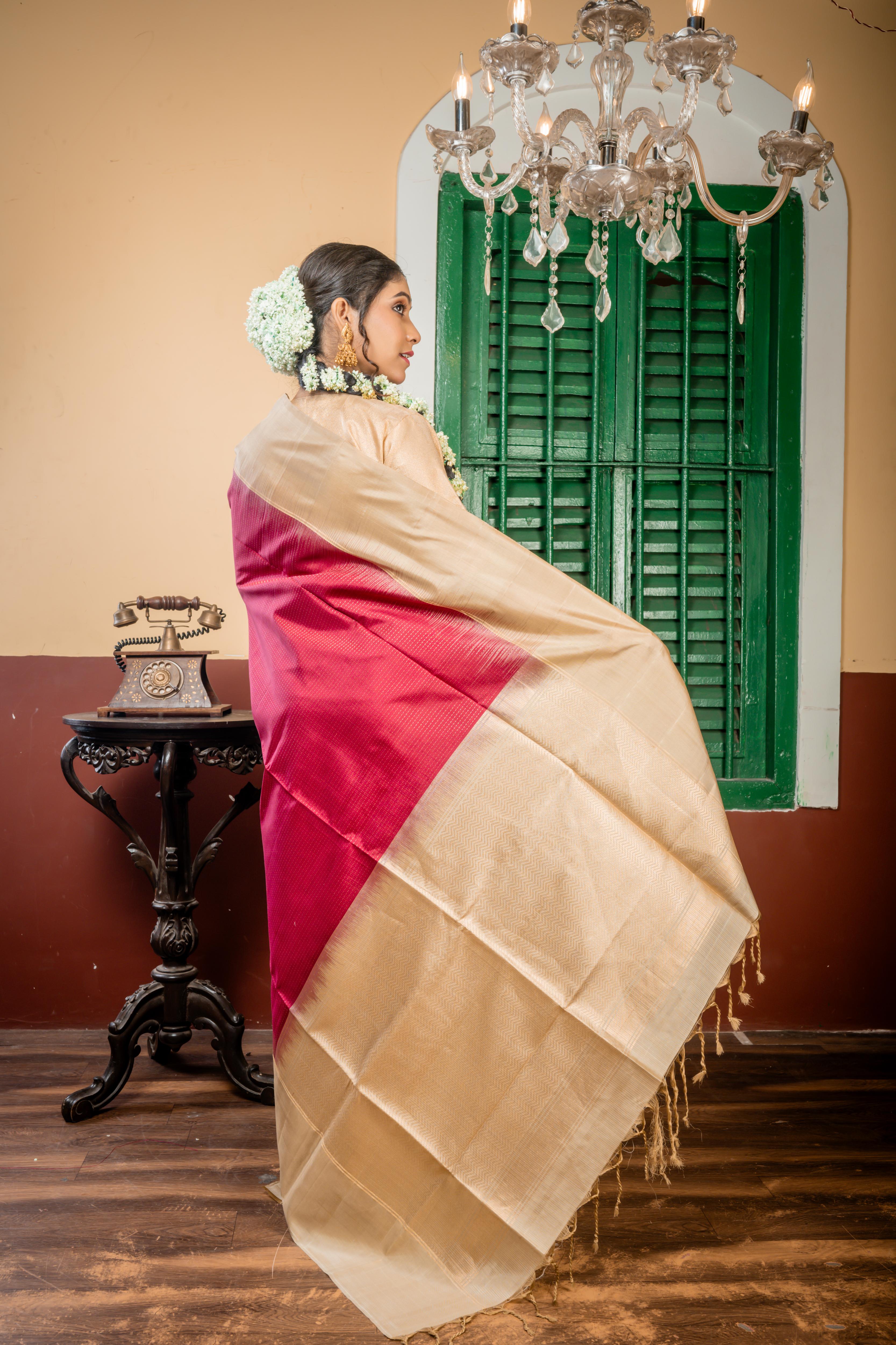 Vinisha || Dark Burgundy Pattu Soft Silk Handloom Saree with all over Golden Zari Abstract Stripes and Ivory Beige Plain Border & Pallu with Golden Zari ZigZag Stripe