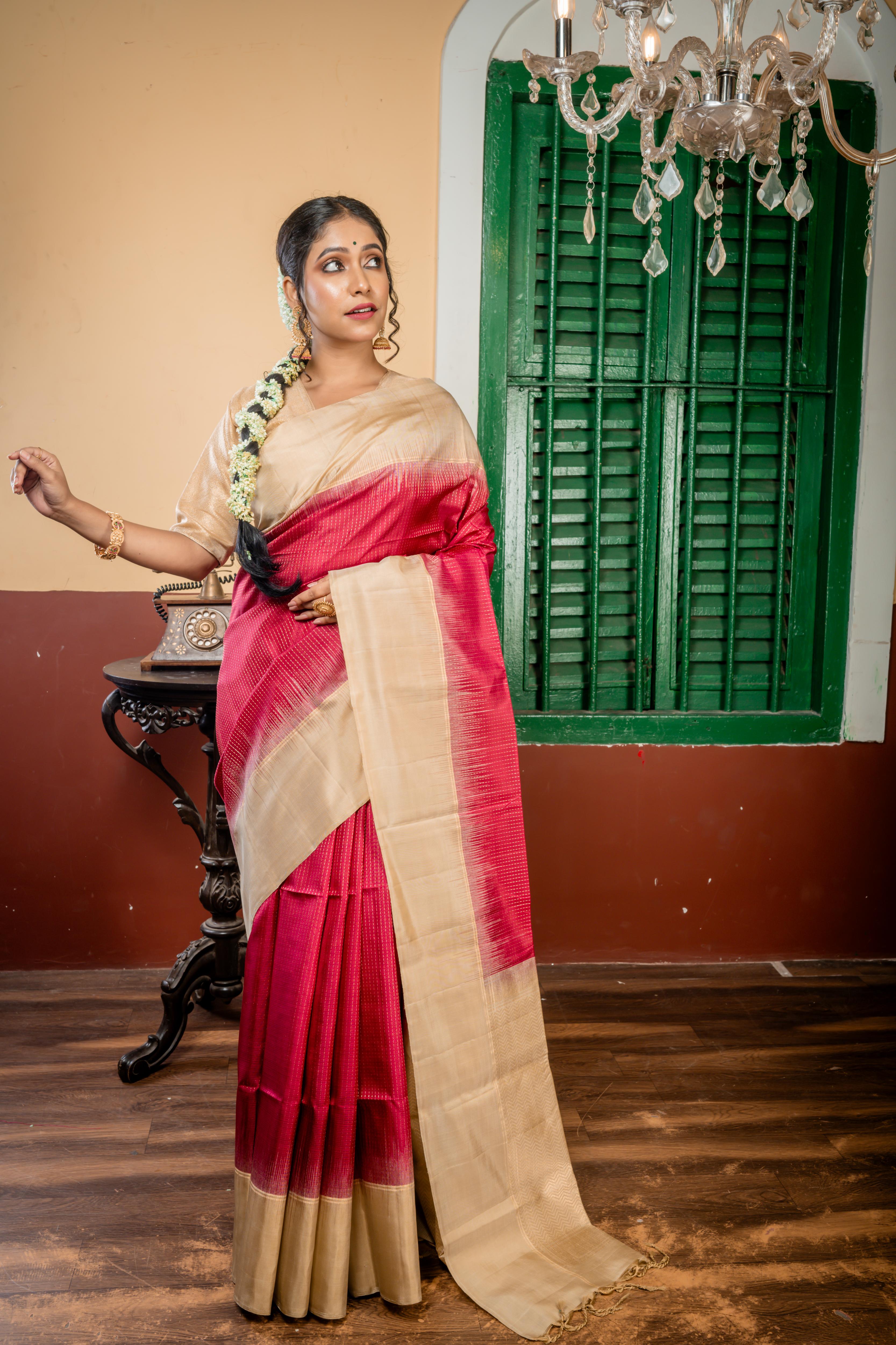Vinisha || Dark Burgundy Pattu Soft Silk Handloom Saree with all over Golden Zari Abstract Stripes and Ivory Beige Plain Border & Pallu with Golden Zari ZigZag Stripe