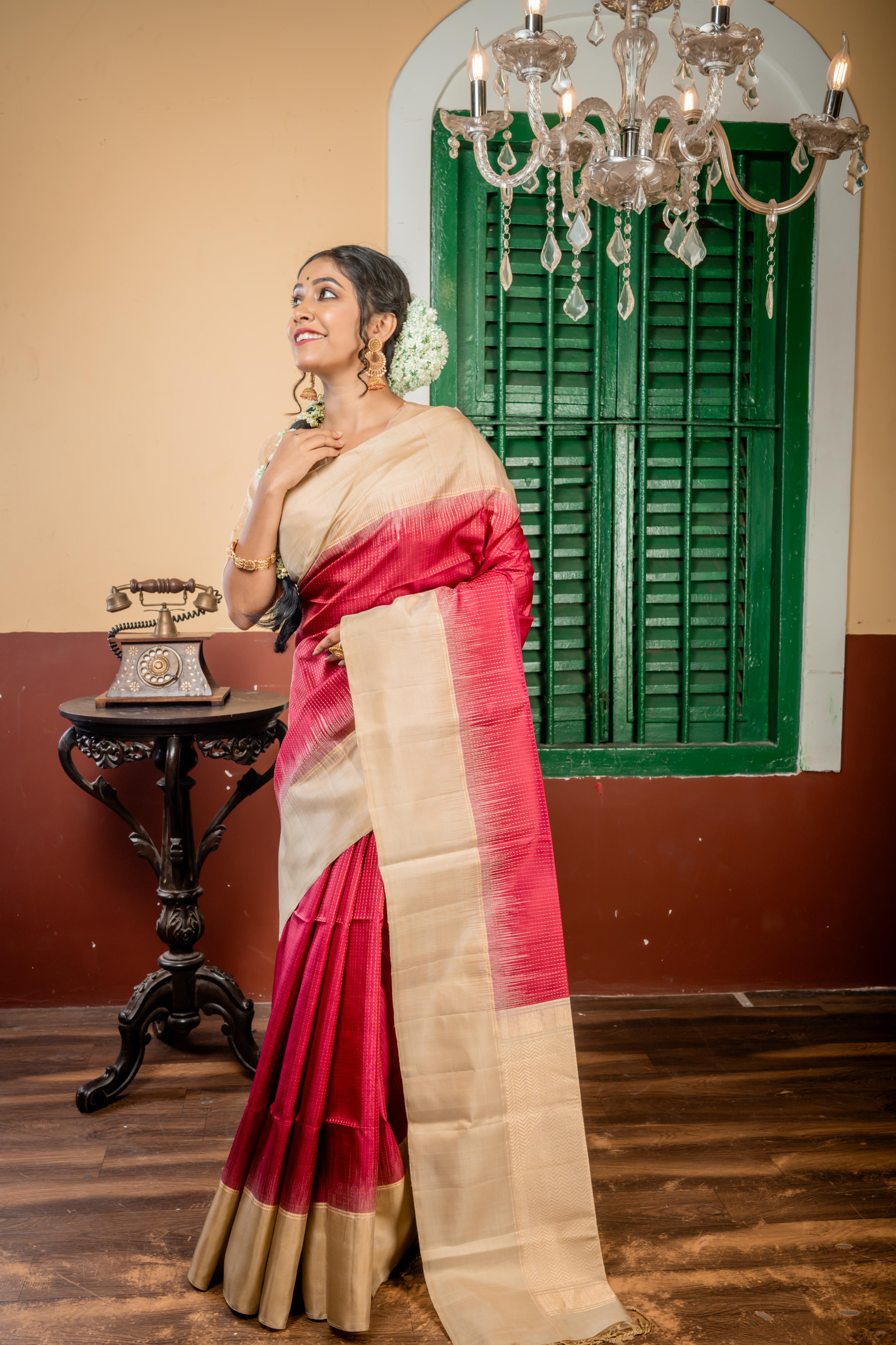 Vinisha || Dark Burgundy Pattu Soft Silk Handloom Saree with all over Golden Zari Abstract Stripes and Ivory Beige Plain Border & Pallu with Golden Zari ZigZag Stripe
