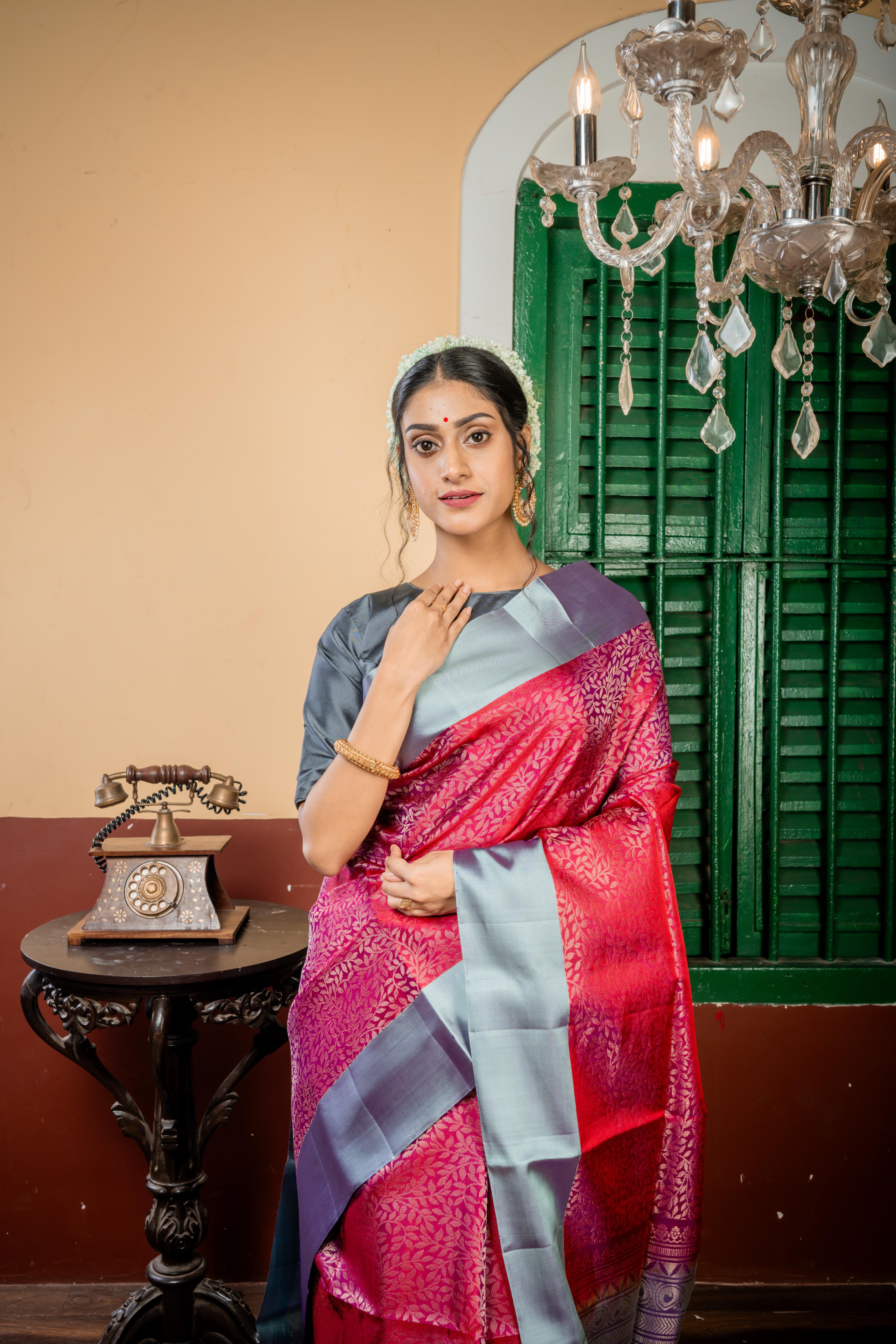 Hemlatha || Maroon & Purple dual tone Pattu Soft Silk Handloom Saree with all over Matte Gold Zari Floral Jaal, Light Slate Grey & Purple dual-tone Border and Pallu with Matte Gold Zari Traditional design