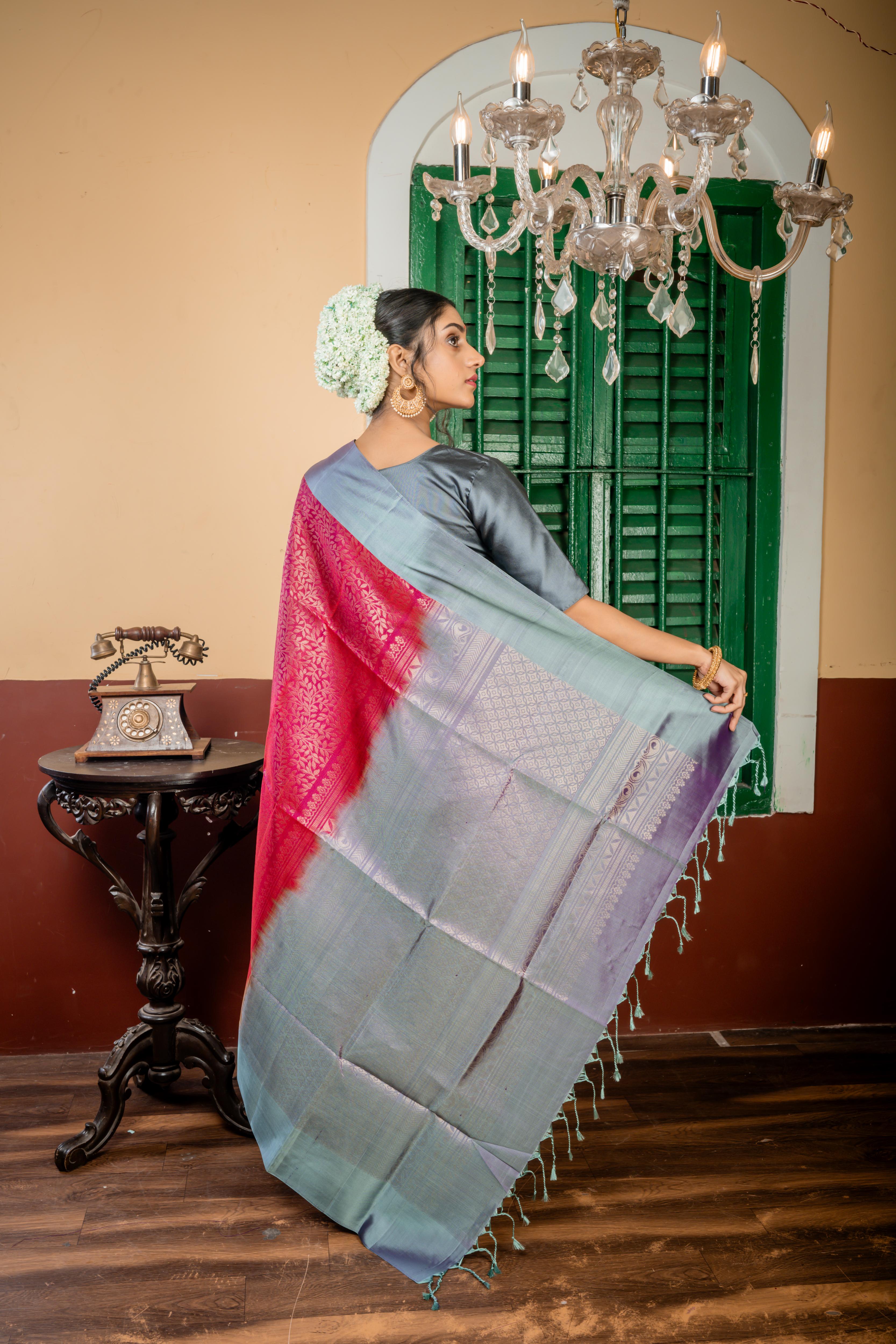 Hemlatha || Maroon & Purple dual tone Pattu Soft Silk Handloom Saree with all over Matte Gold Zari Floral Jaal, Light Slate Grey & Purple dual-tone Border and Pallu with Matte Gold Zari Traditional design